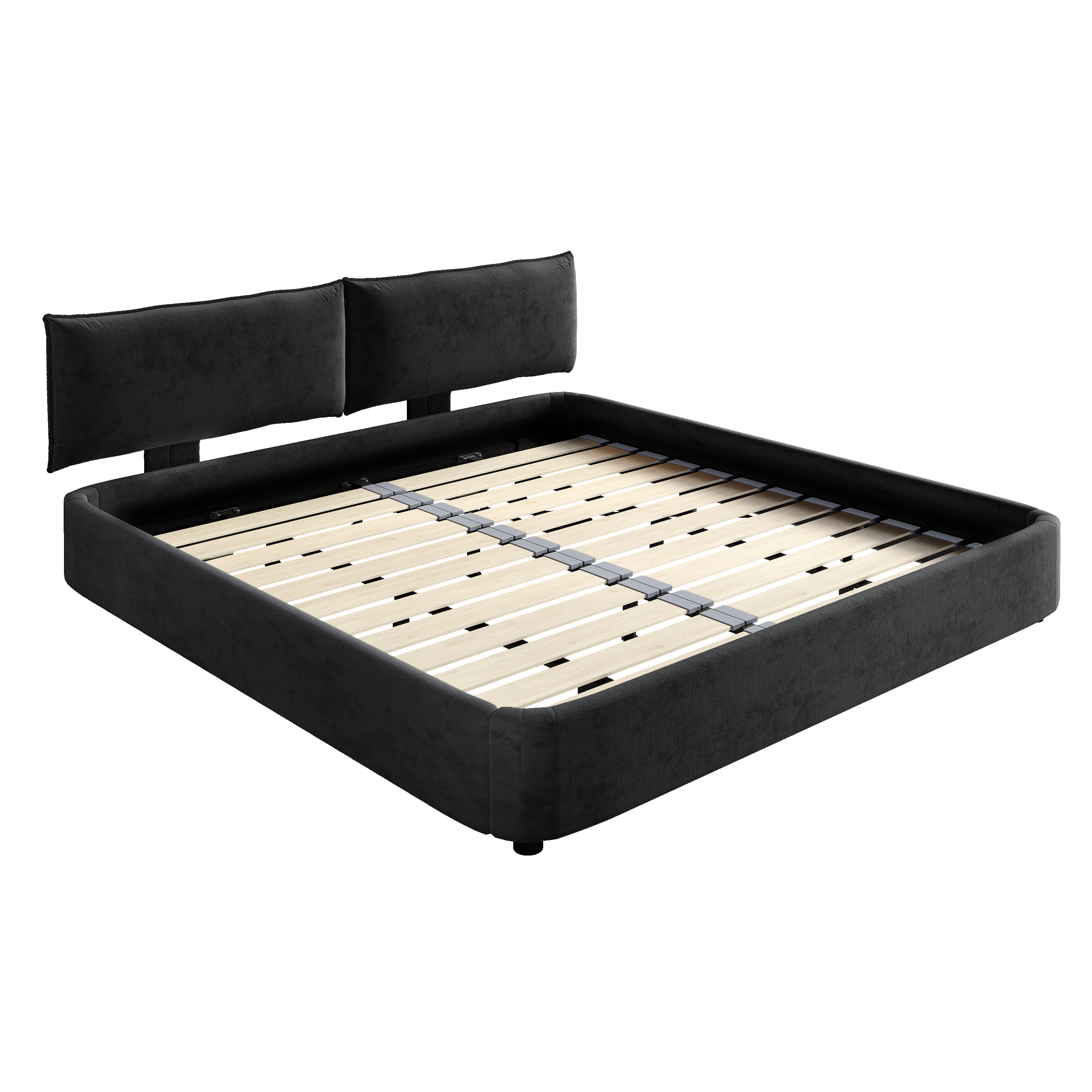 Sigtuna black king size chenille upholstered bed frame showing front angled view isolated bed image on white background
