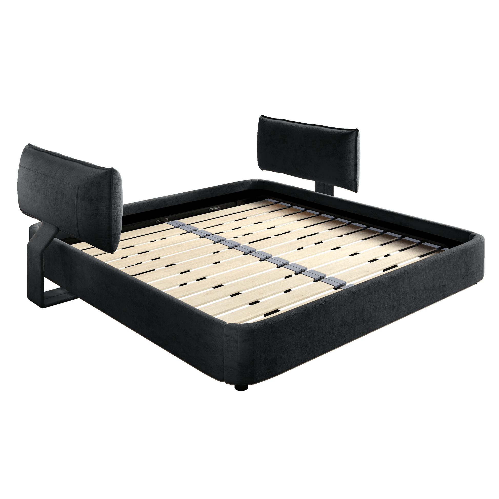 Sigtuna black king size chenille upholstered bed frame showing side angled view isolated bed image on white background