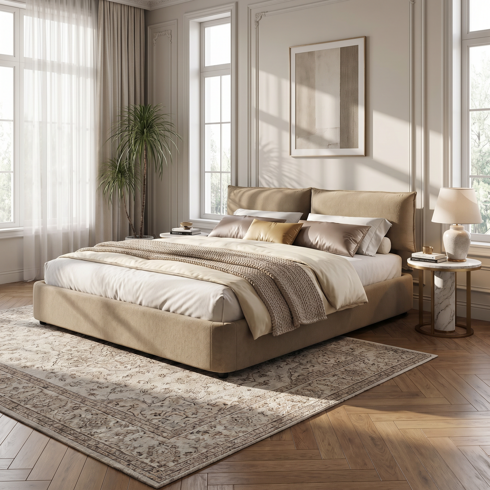 Sigtuna camel king size chenille upholstered bed styled in elegant bedroom with neutral decor