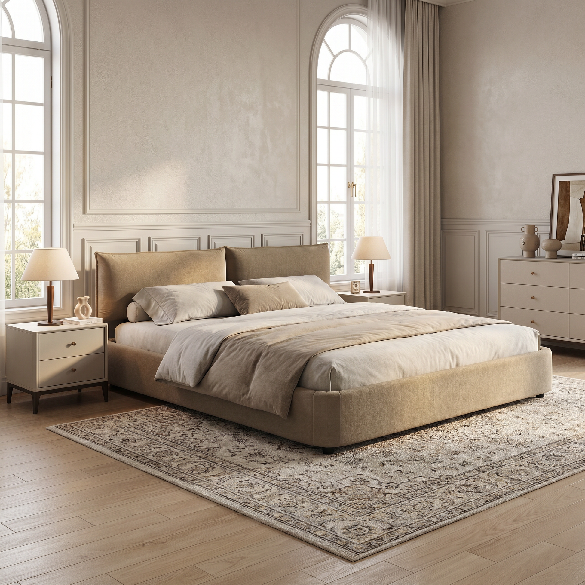 Sigtuna camel king size chenille upholstered bed styled in bright modern bedroom setting