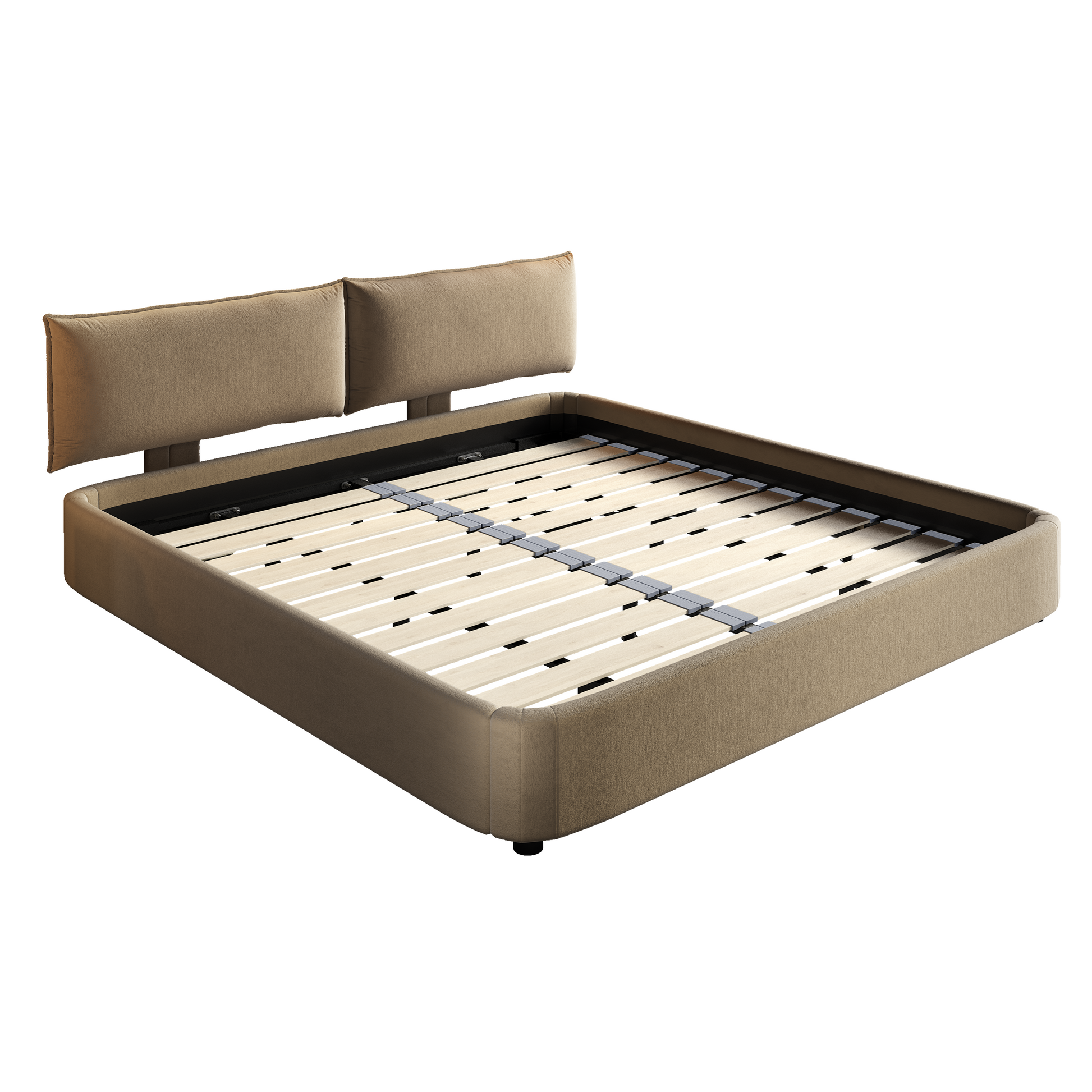 Sigtuna camel king size chenille upholstered bed frame showing front angled view isolated bed image on white background