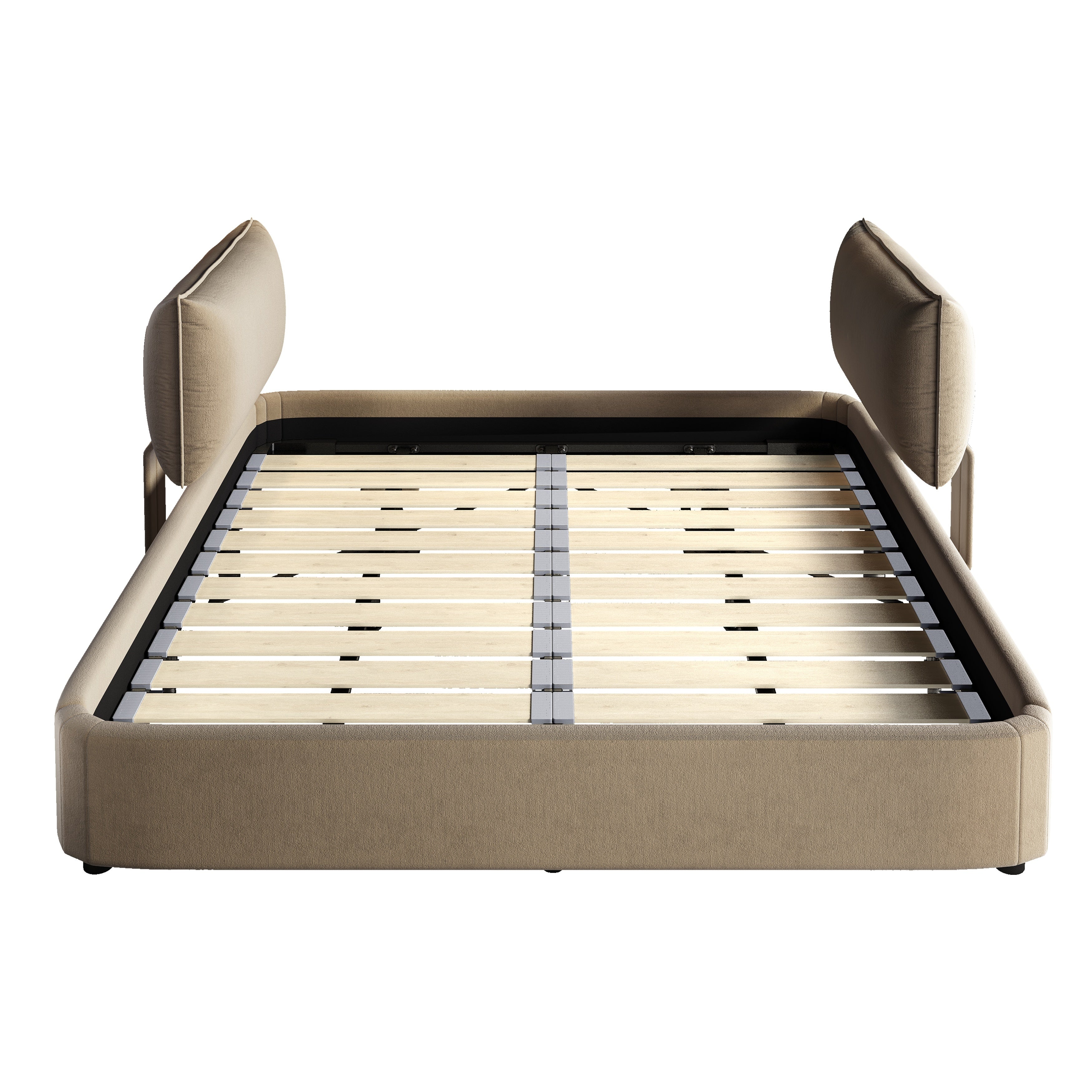 Sigtuna camel king size chenille upholstered bed frame showing front view isolated bed image on white background