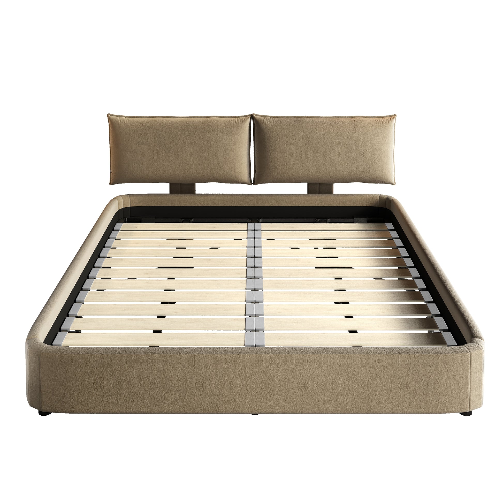 Sigtuna camel king size chenille upholstered bed frame showing front view isolated bed image on white background