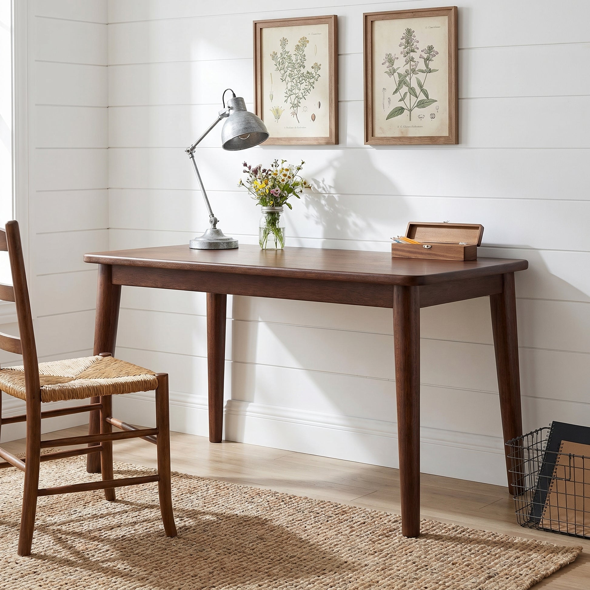 Skagen walnut office desk showing angled front view in a bright home office