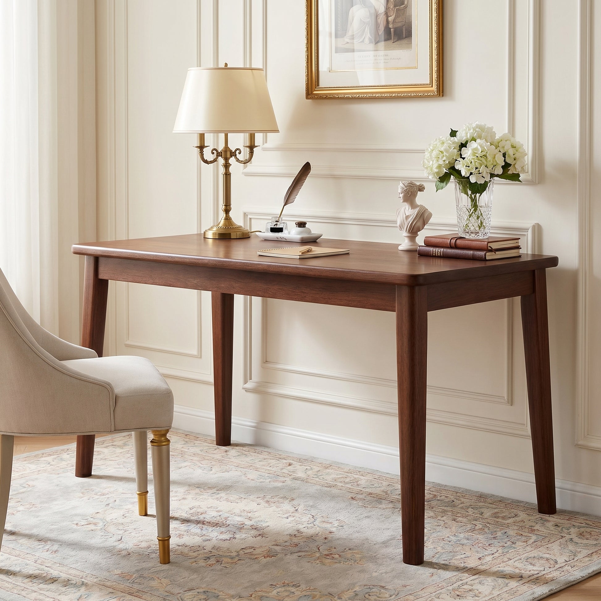 Skagen walnut office desk showing angled front view in a home office