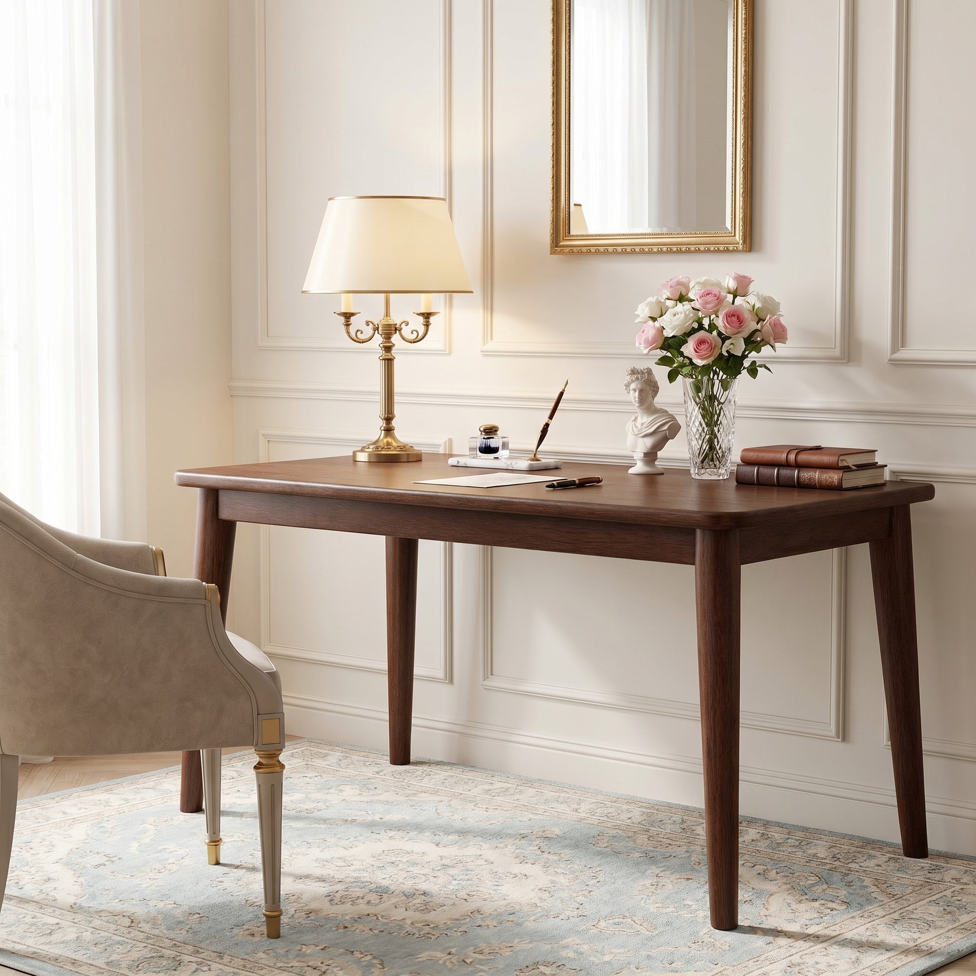 Skagen walnut office desk showing workspace with decorative accessories