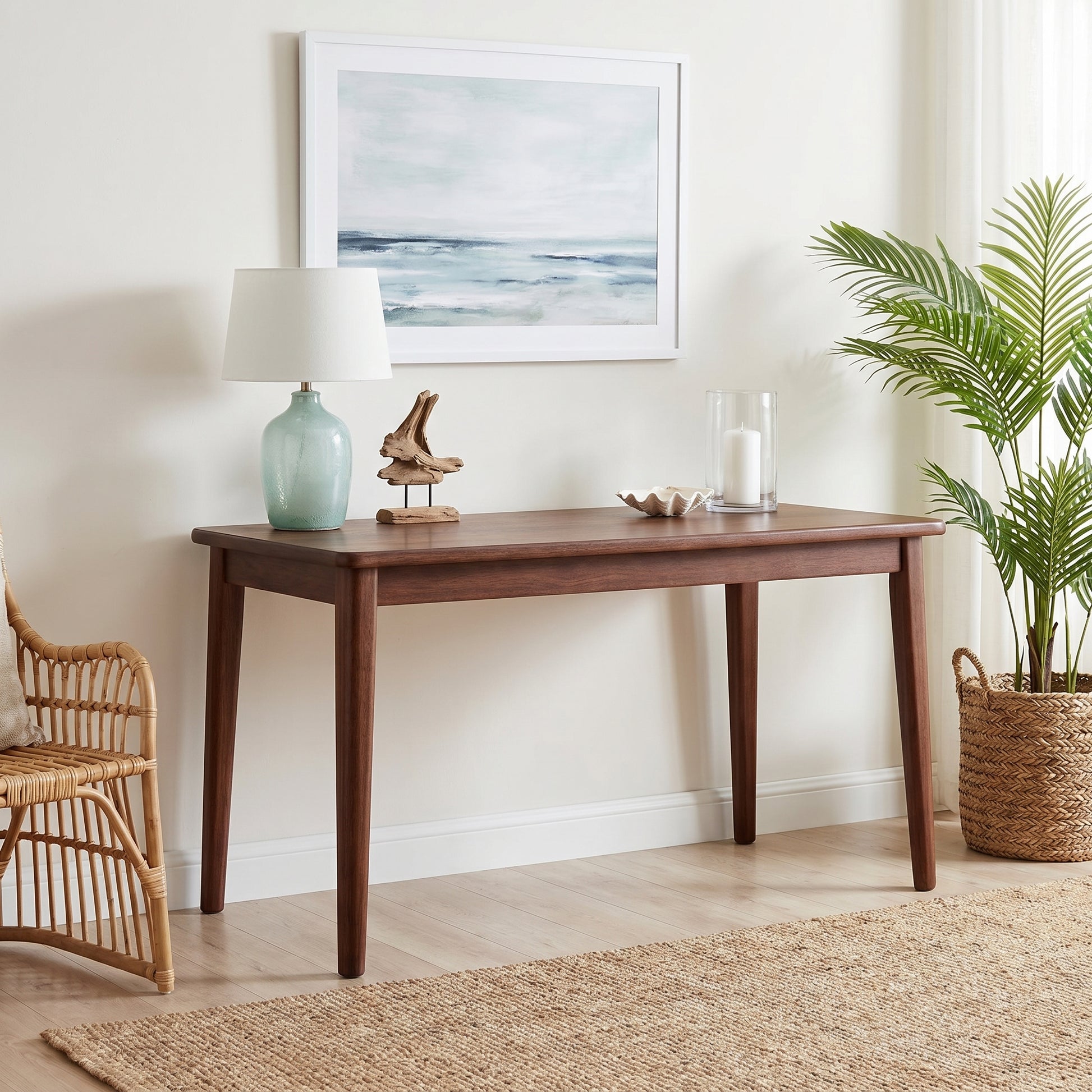 Skagen walnut office desk showing front angled view with tabletop styling