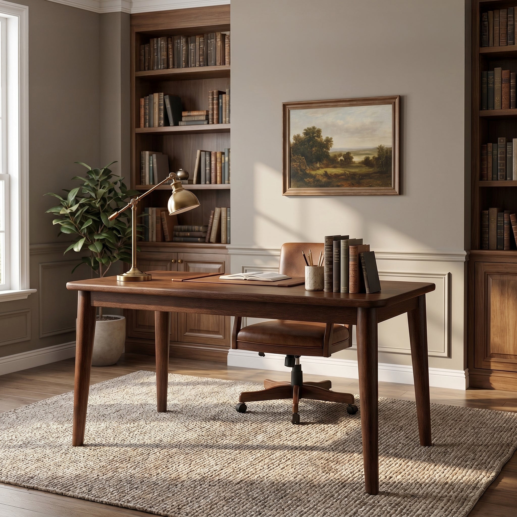 Skagen walnut office desk showing workspace with bookshelf