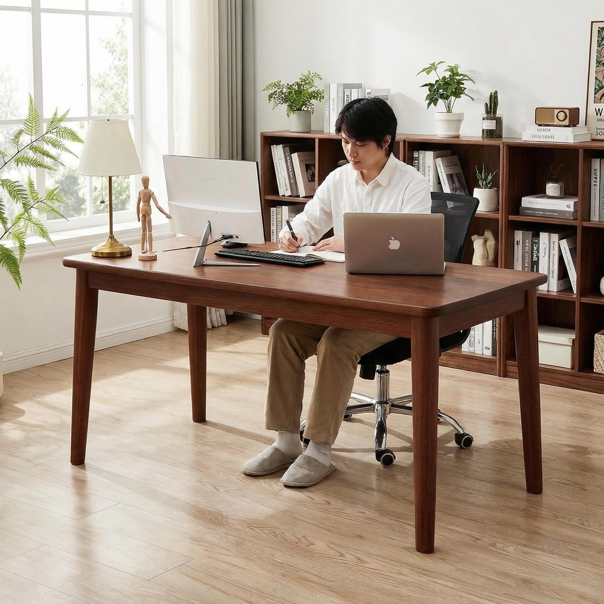 Skagen walnut office desk showing workspace in use