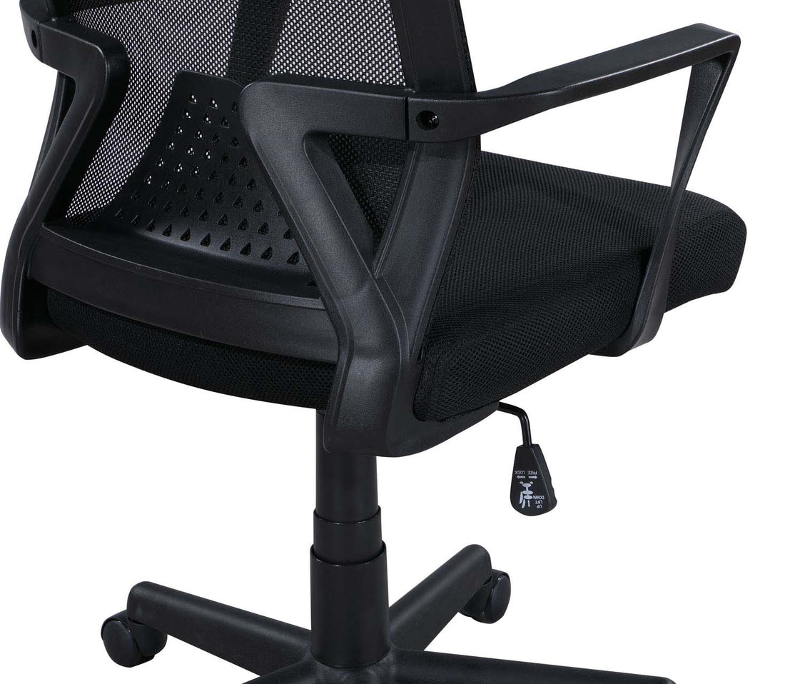 Skye black office chair showing seat adjustment mechanism and base connection detail