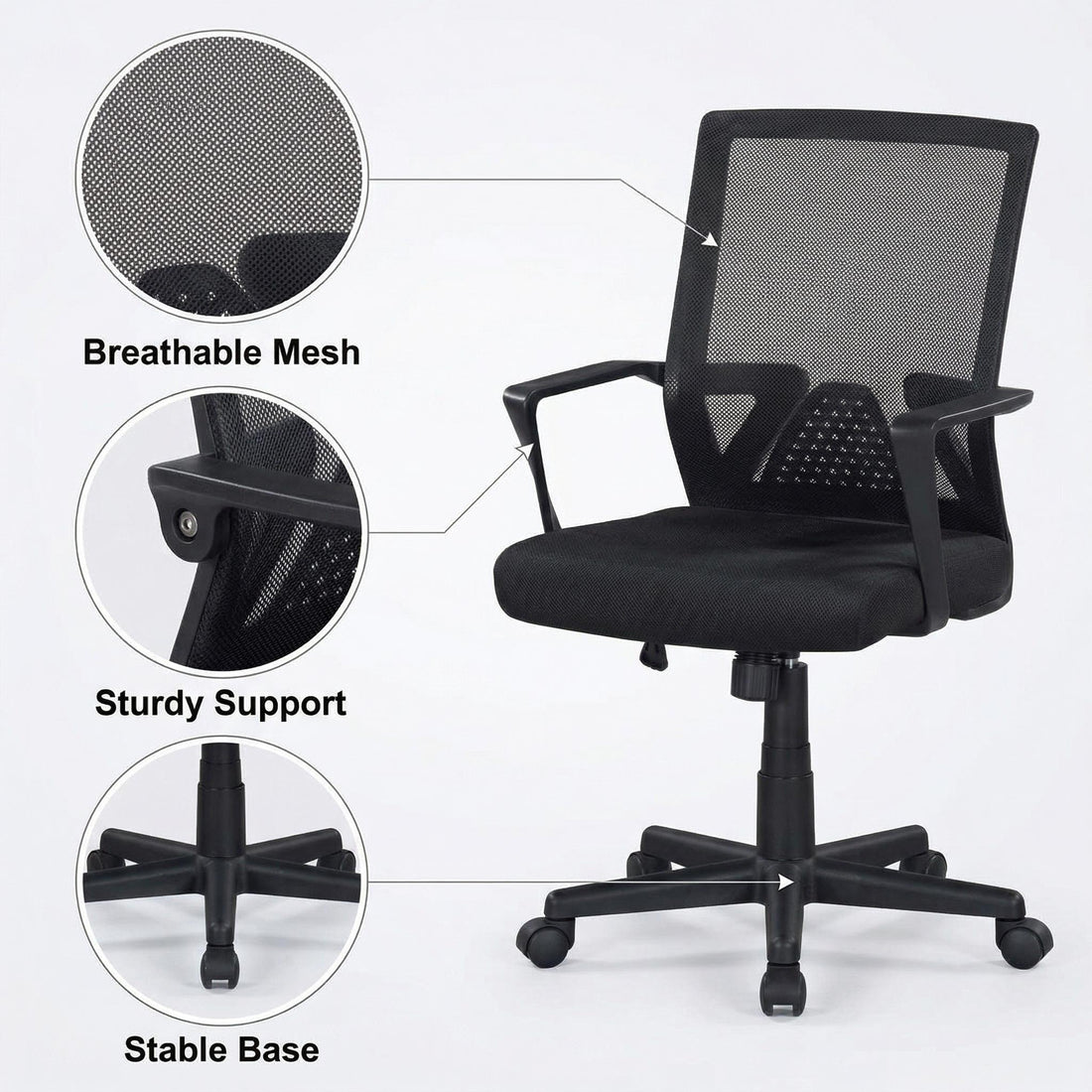 Skye black office chair showing breathable mesh back, sturdy support and stable five-star base detail
