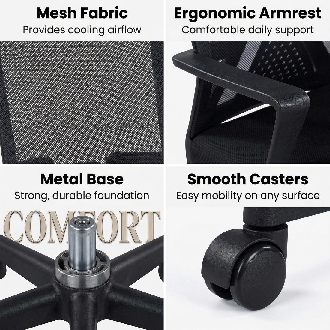 Skye black office chair showing mesh fabric, ergonomic armrest, metal base and smooth caster detail