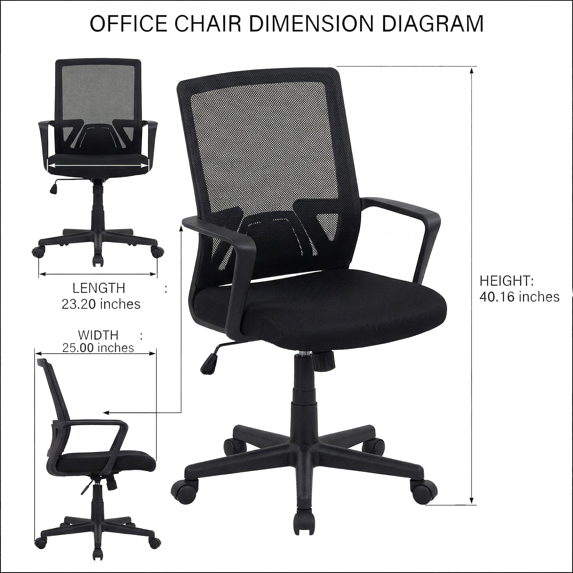 Skye black office chair showing product dimensions