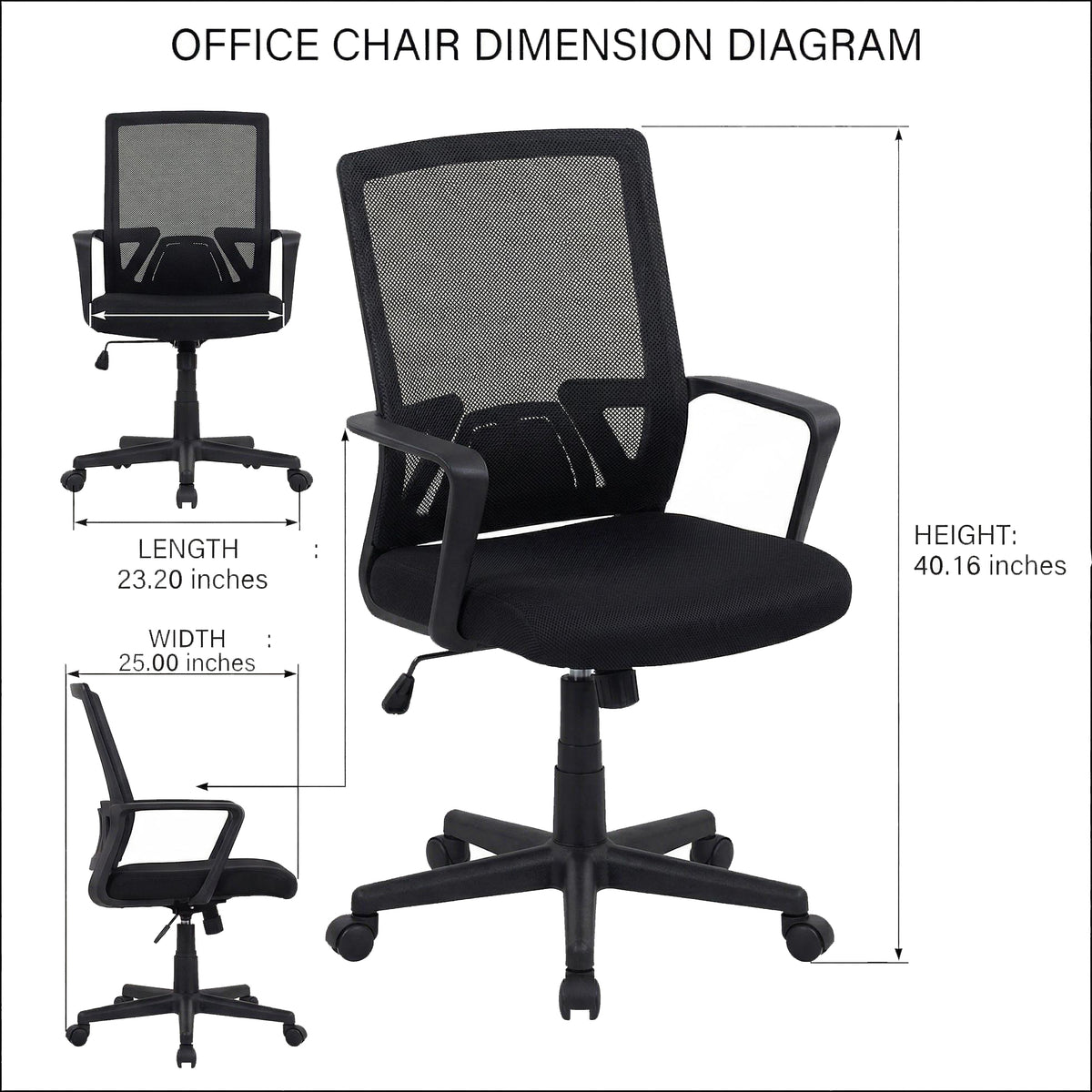Skye black office chair showing product dimensions