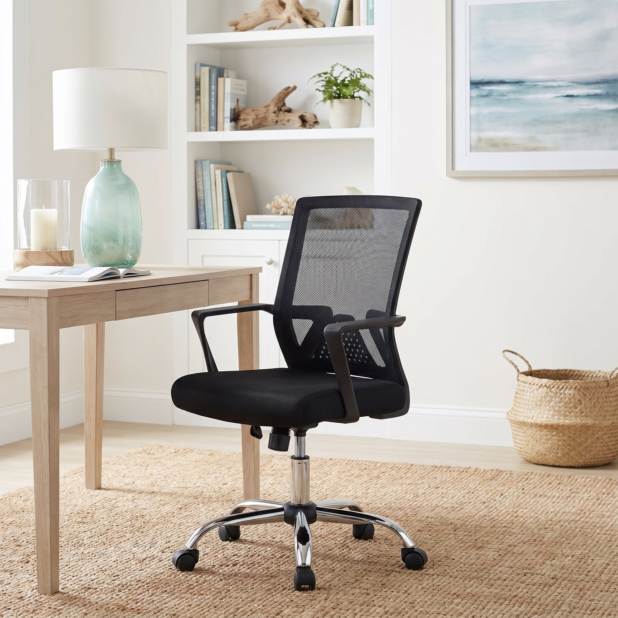 Skye black office chair showing an adjustable desk chair beside a writing desk