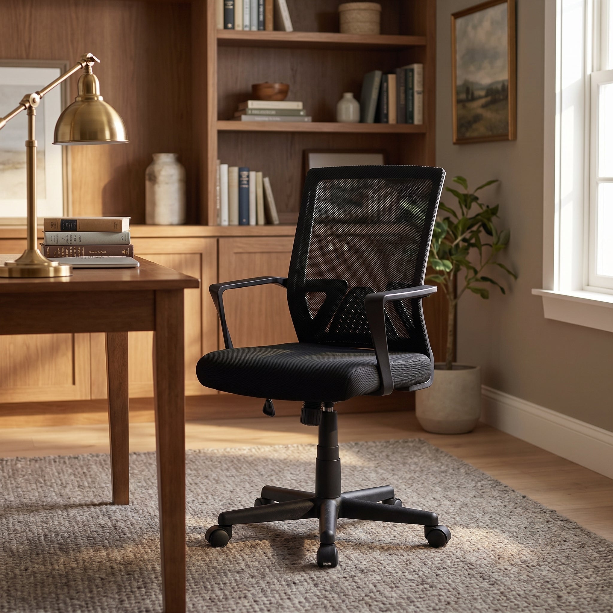 Skye black office chair showing a swivel chair in a warm office setting with bookshelf