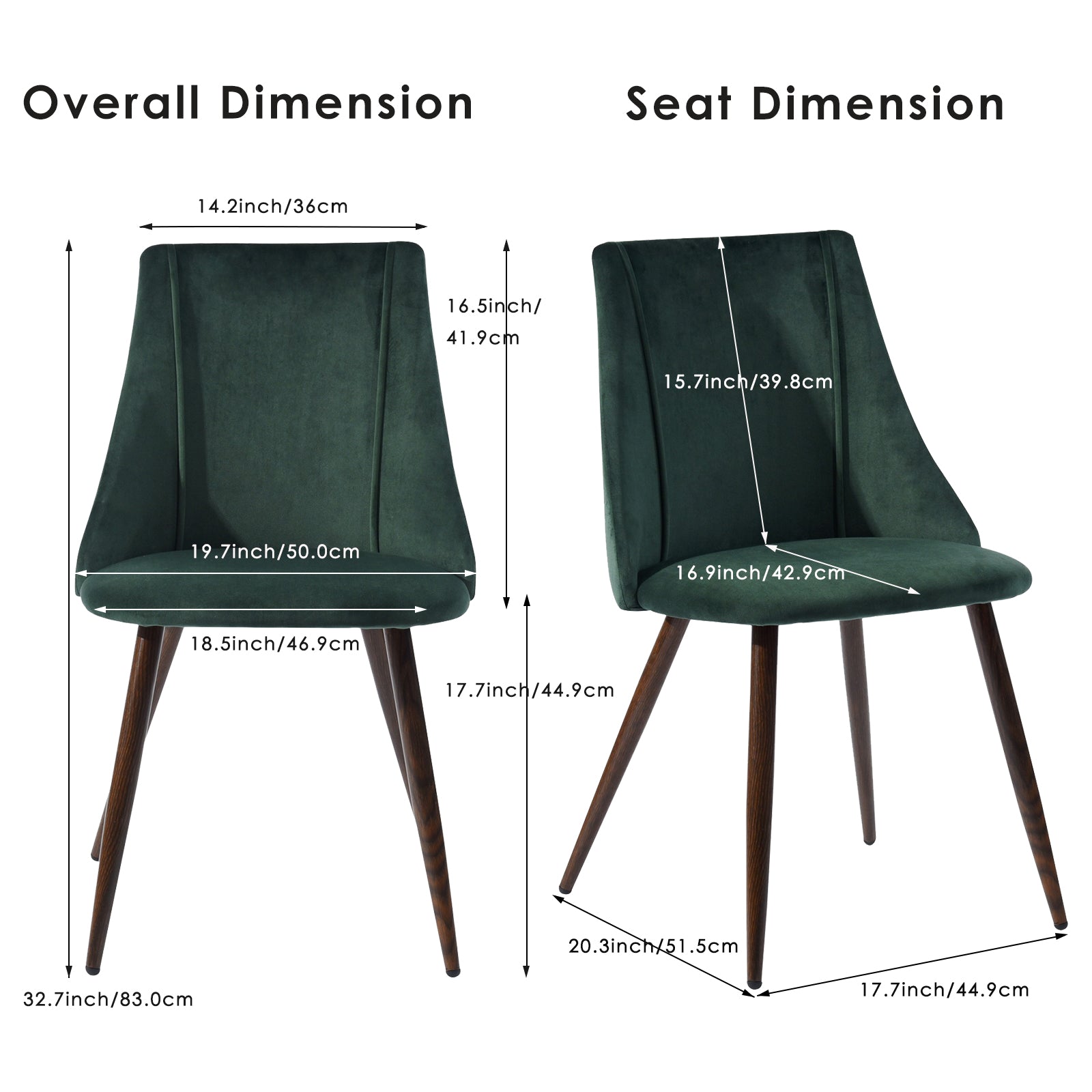 Smeg dark green upholstered dining chair showing overall and seat dimensions
