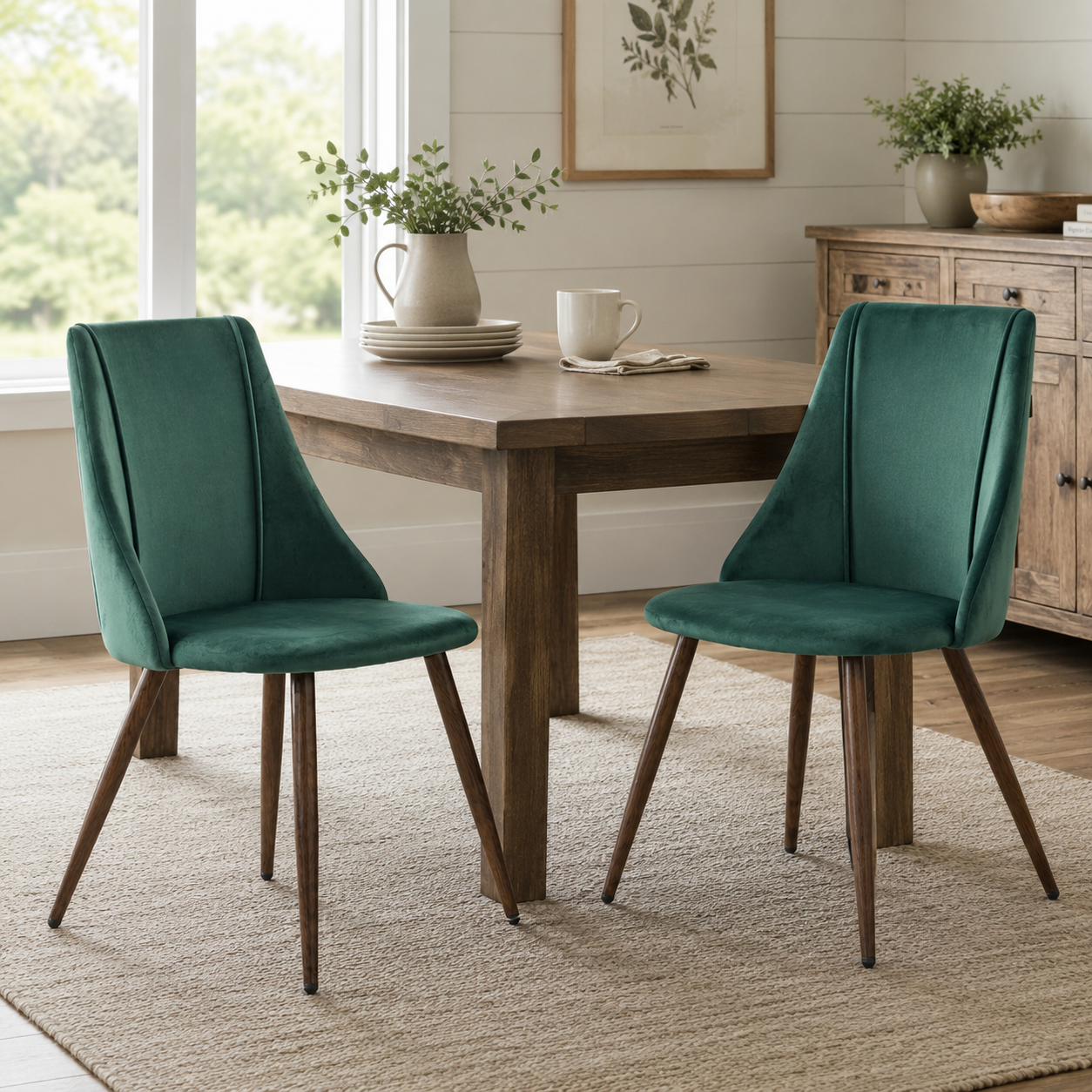 Smeg dark green upholstered dining chairs set of 2 around a round dining table