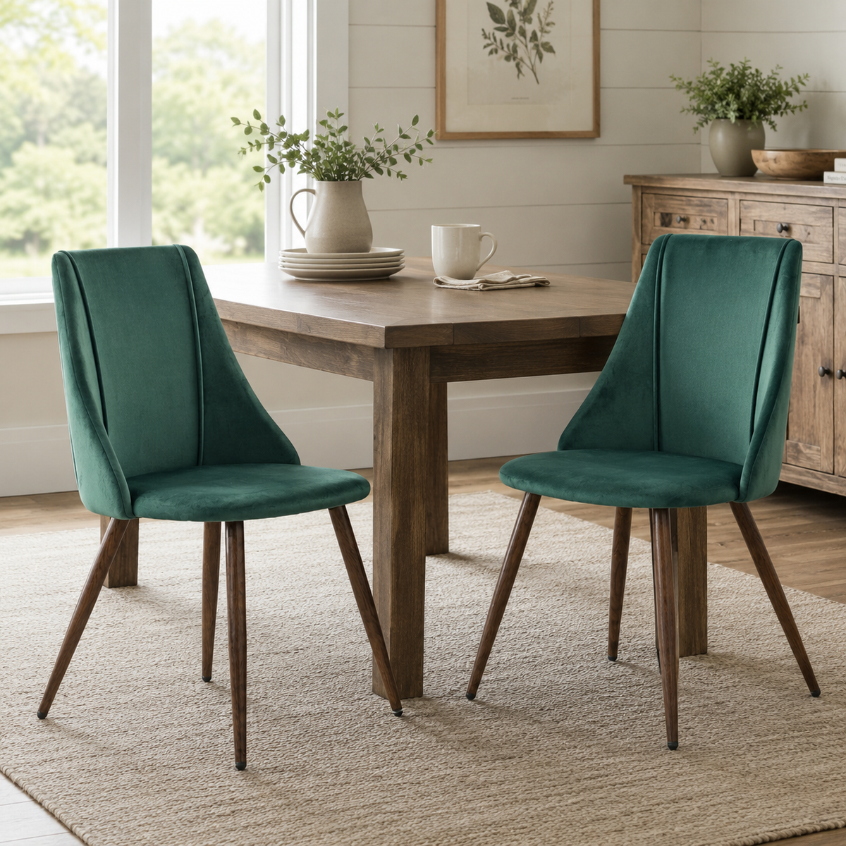 Smeg dark green upholstered dining chairs set of 2 around a round dining table