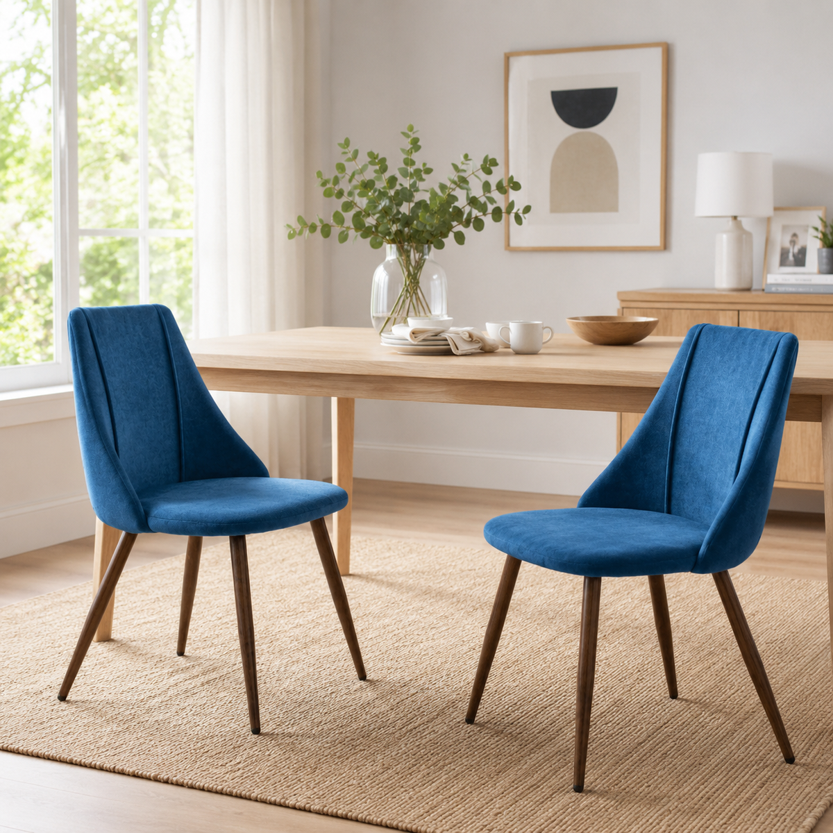 Smeg navy upholstered dining chairs set of 2 shown from another dining room angle