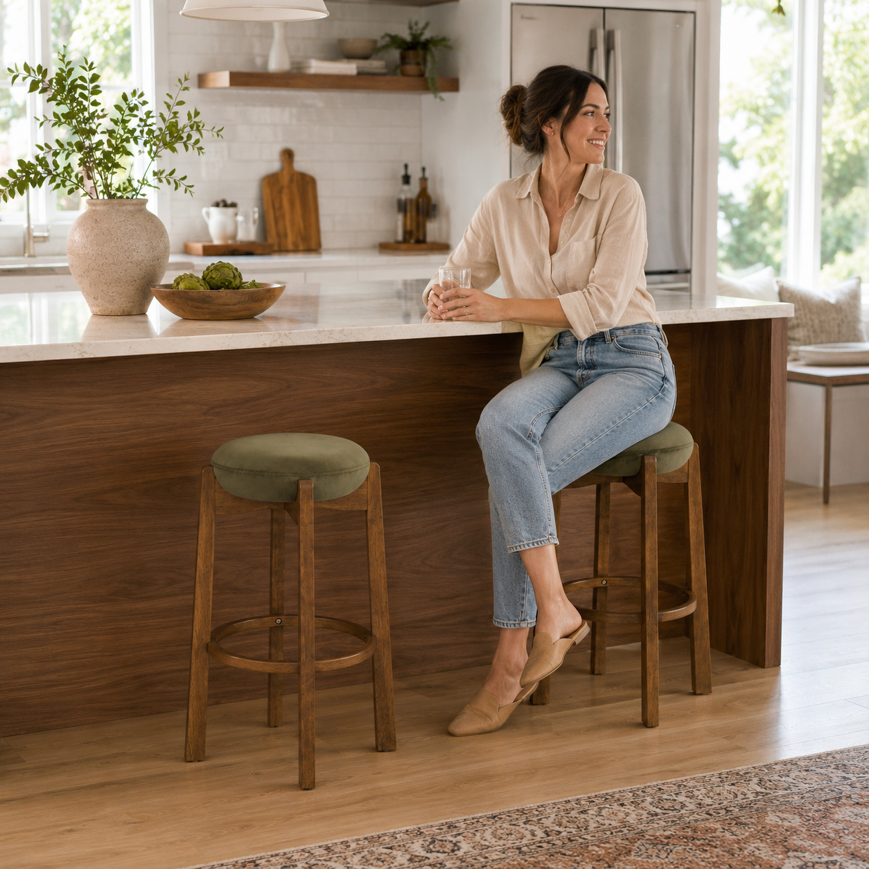Soave 30" Solid Rubberwood Backless Upholstered Bar Height Stools Set of 2