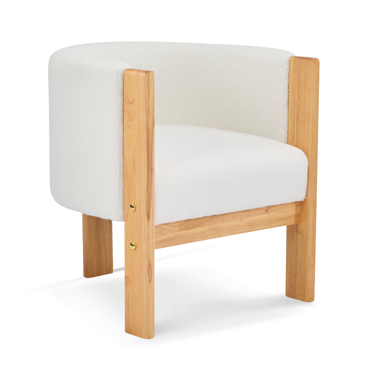 Soca white boucle upholstered dining armchair front angled view
