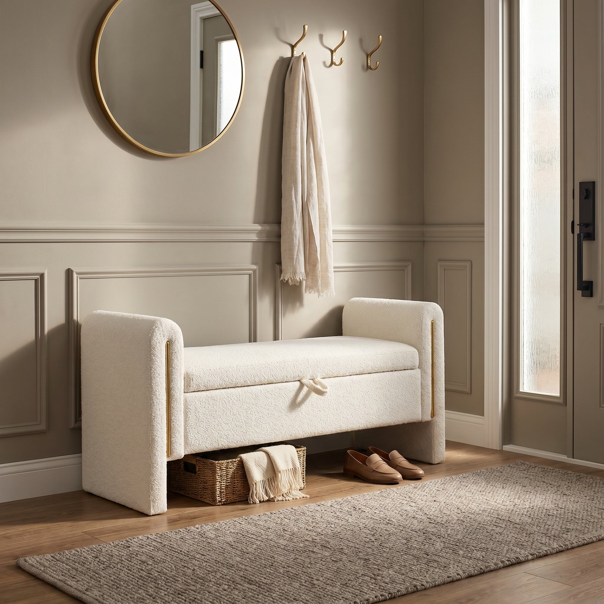 Solvik cream storage bench showing upholstered seating in an elegant entryway