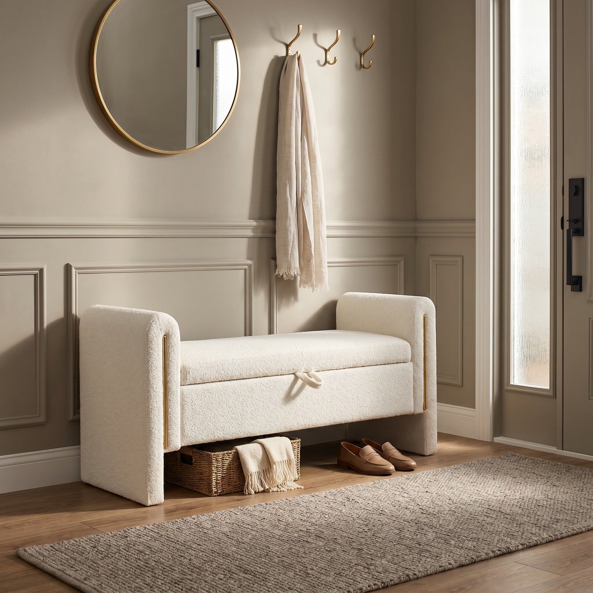 Solvik cream storage bench showing upholstered seating in an elegant entryway
