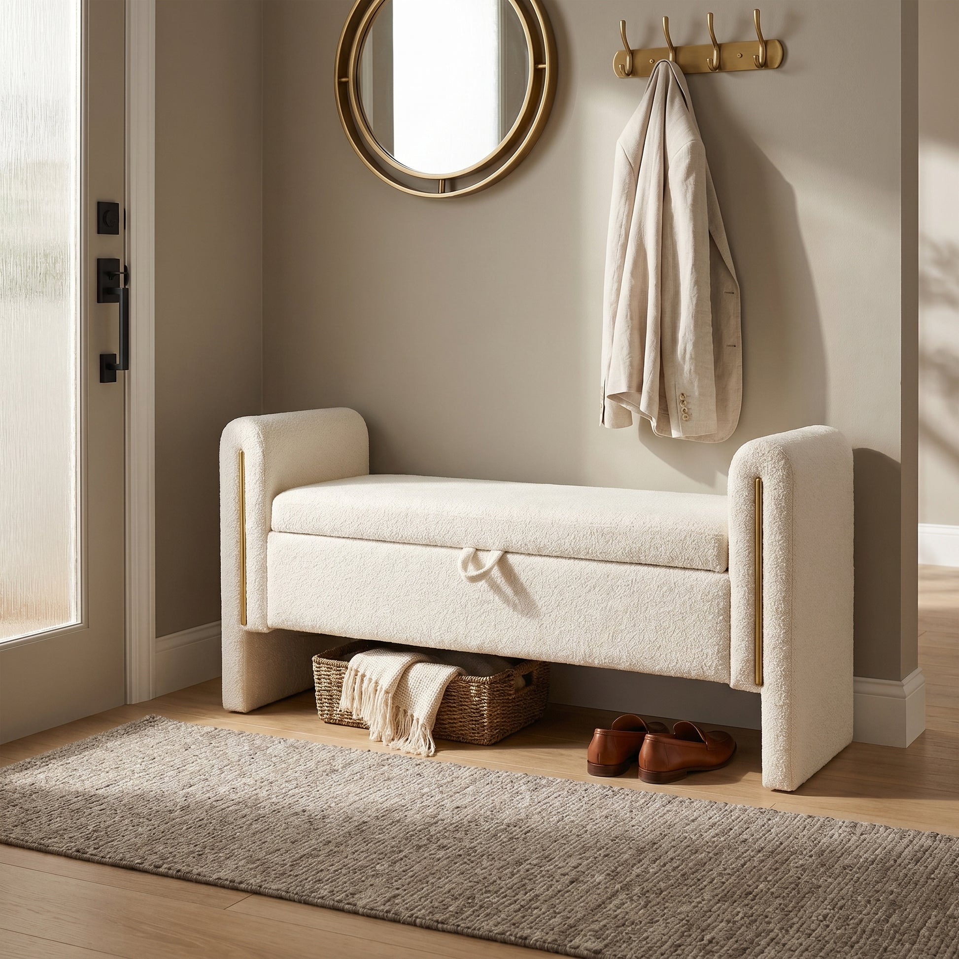 Solvik cream storage bench showing a cozy entryway scene with hidden storage