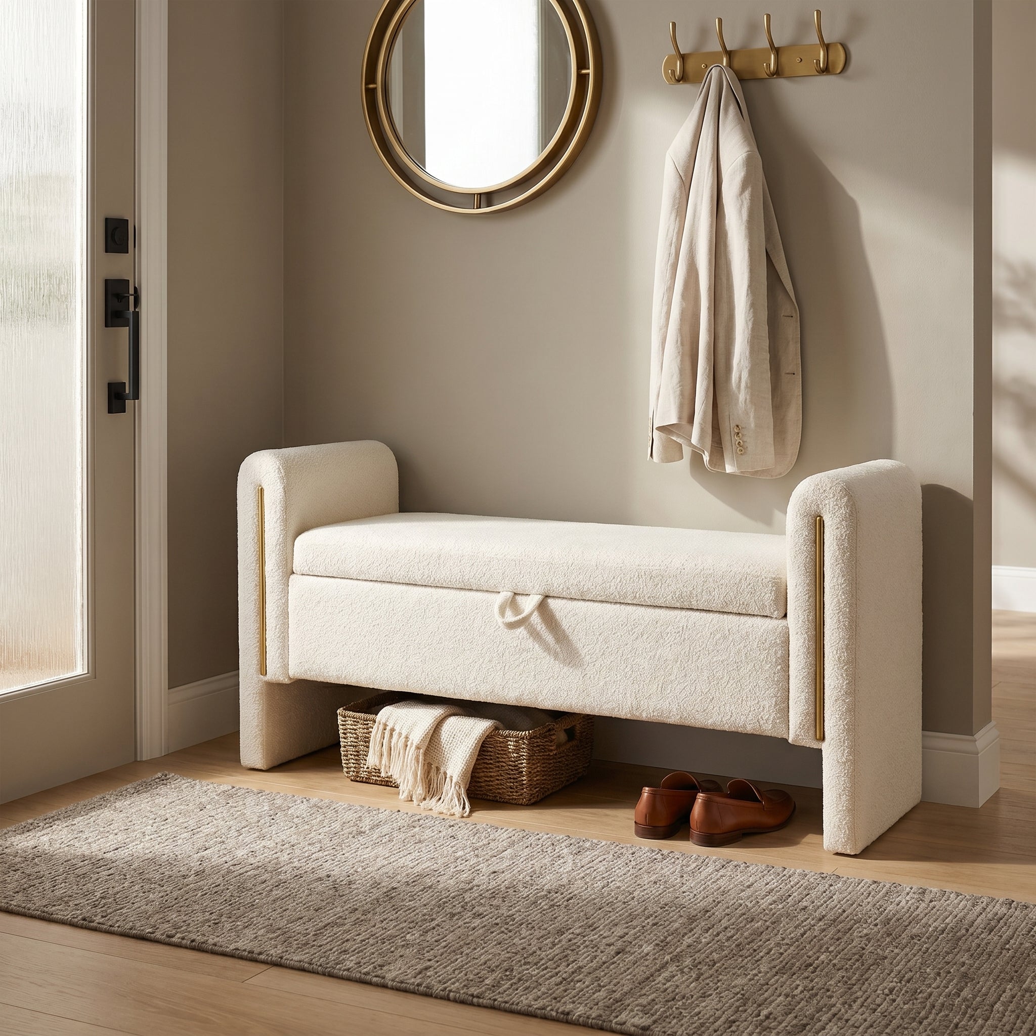 Solvik cream storage bench showing a cozy entryway scene with hidden storage