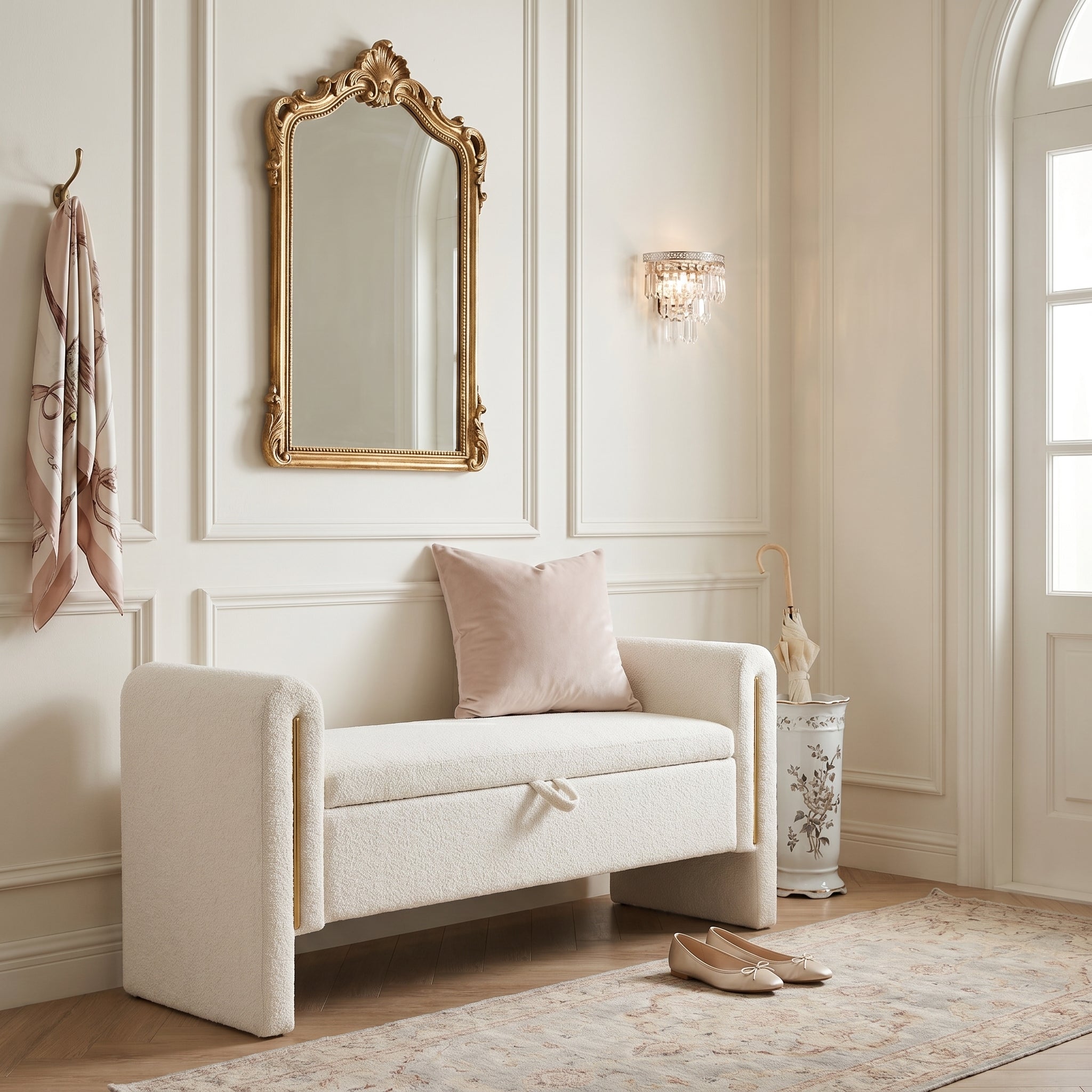 Solvik cream storage bench showing upholstered seating in a bright interior