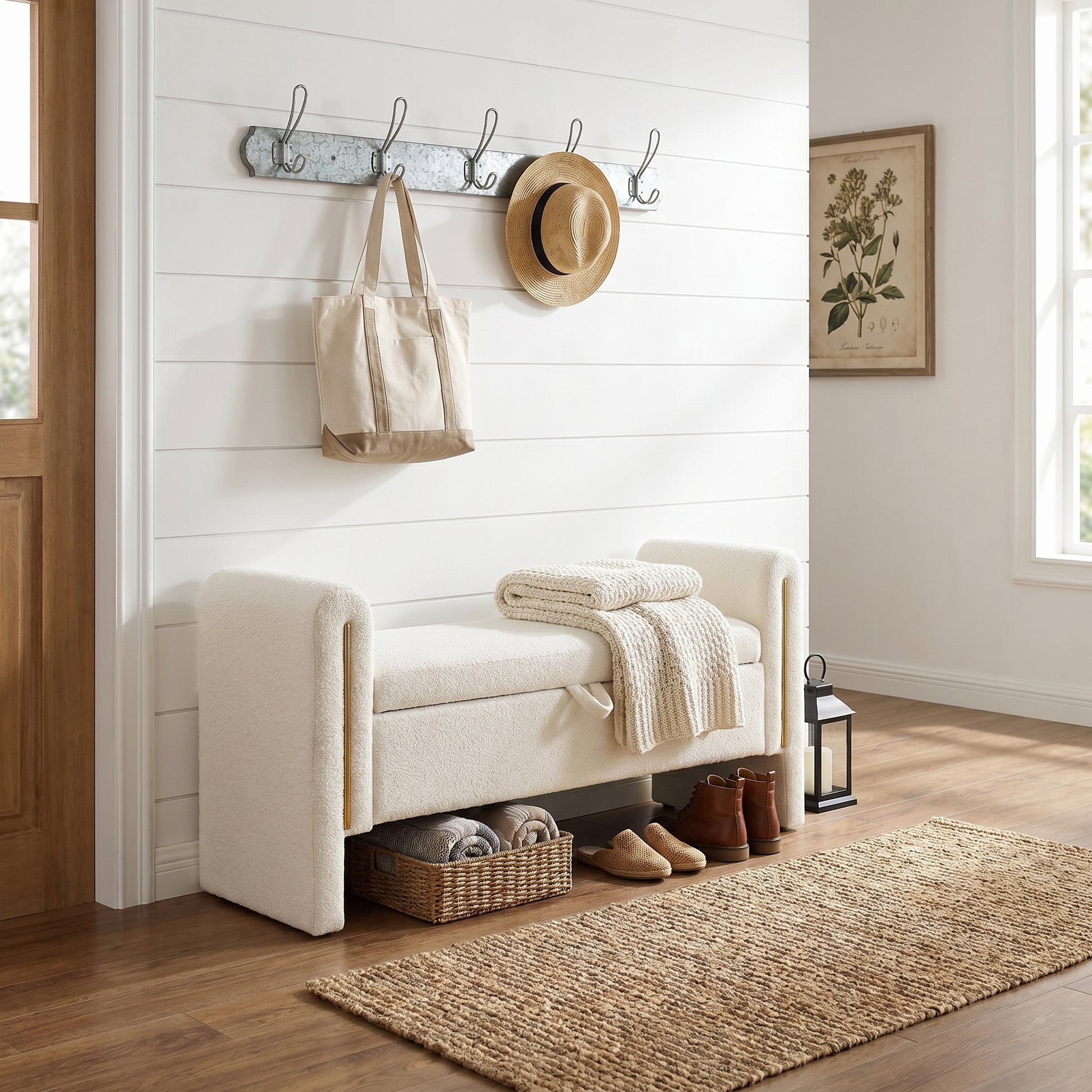 Solvik cream storage bench showing an entryway setting with under-seat storage
