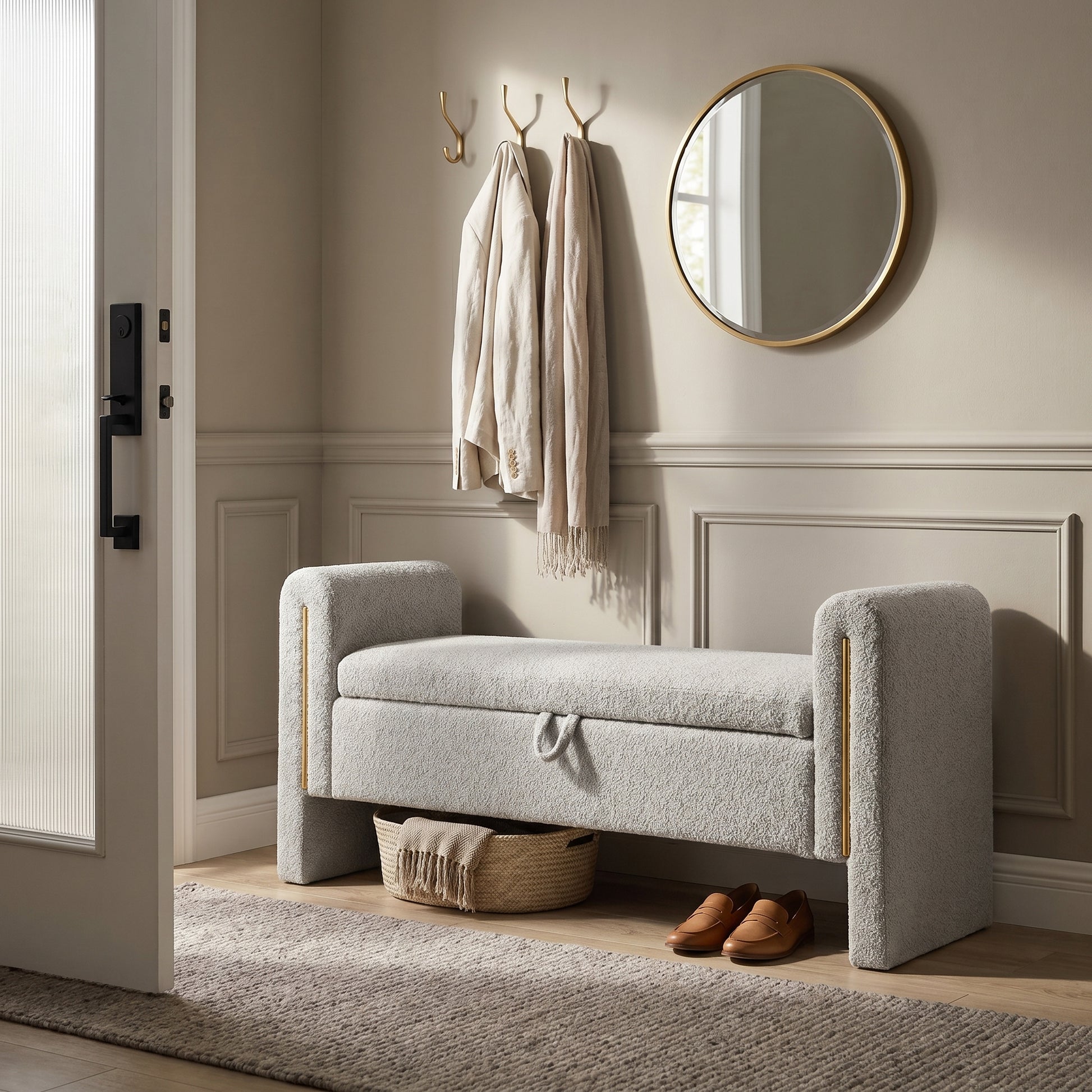 Solvik gray storage bench showing upholstered seating in an elegant entryway