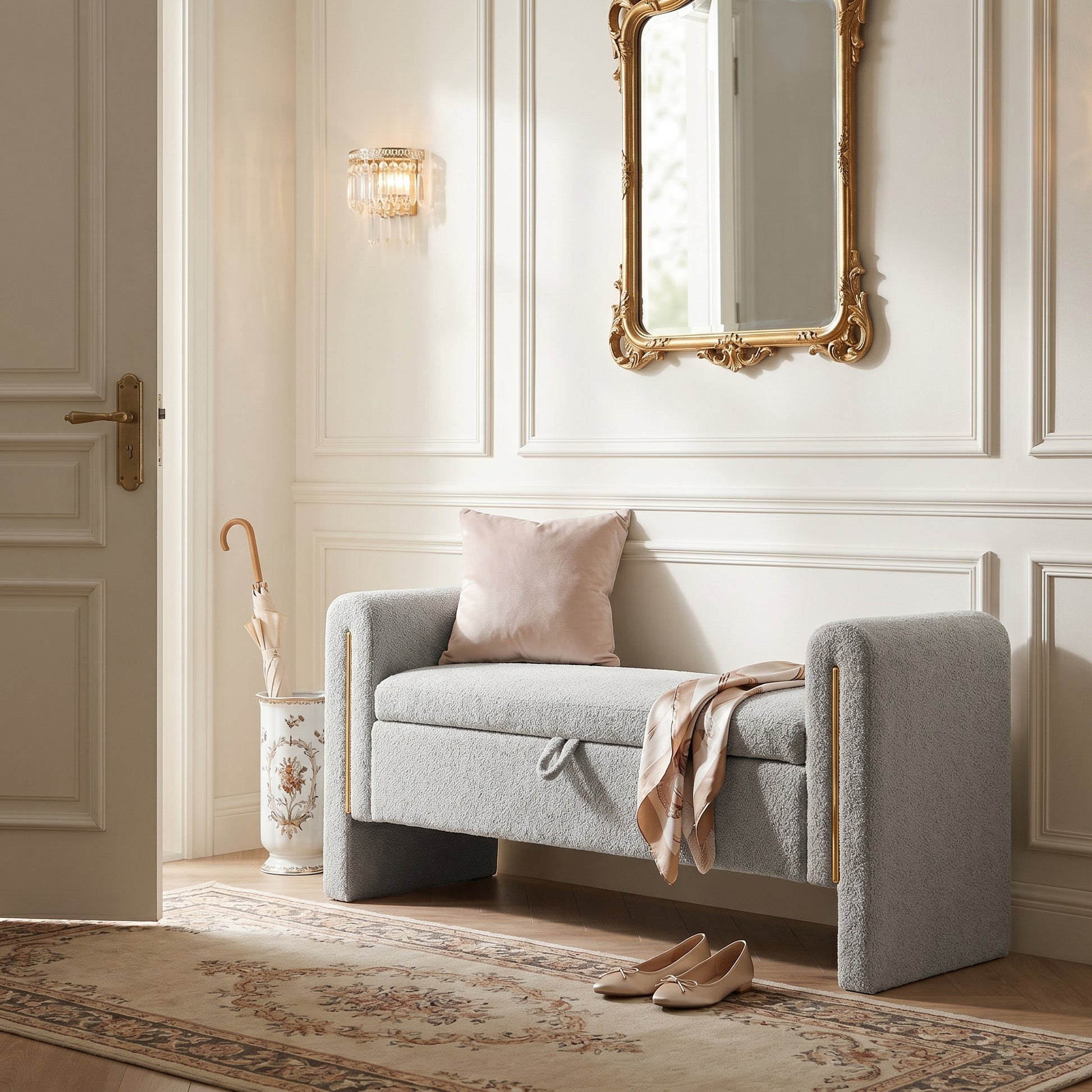 Solvik gray storage bench showing a bright entryway scene with decorative accents