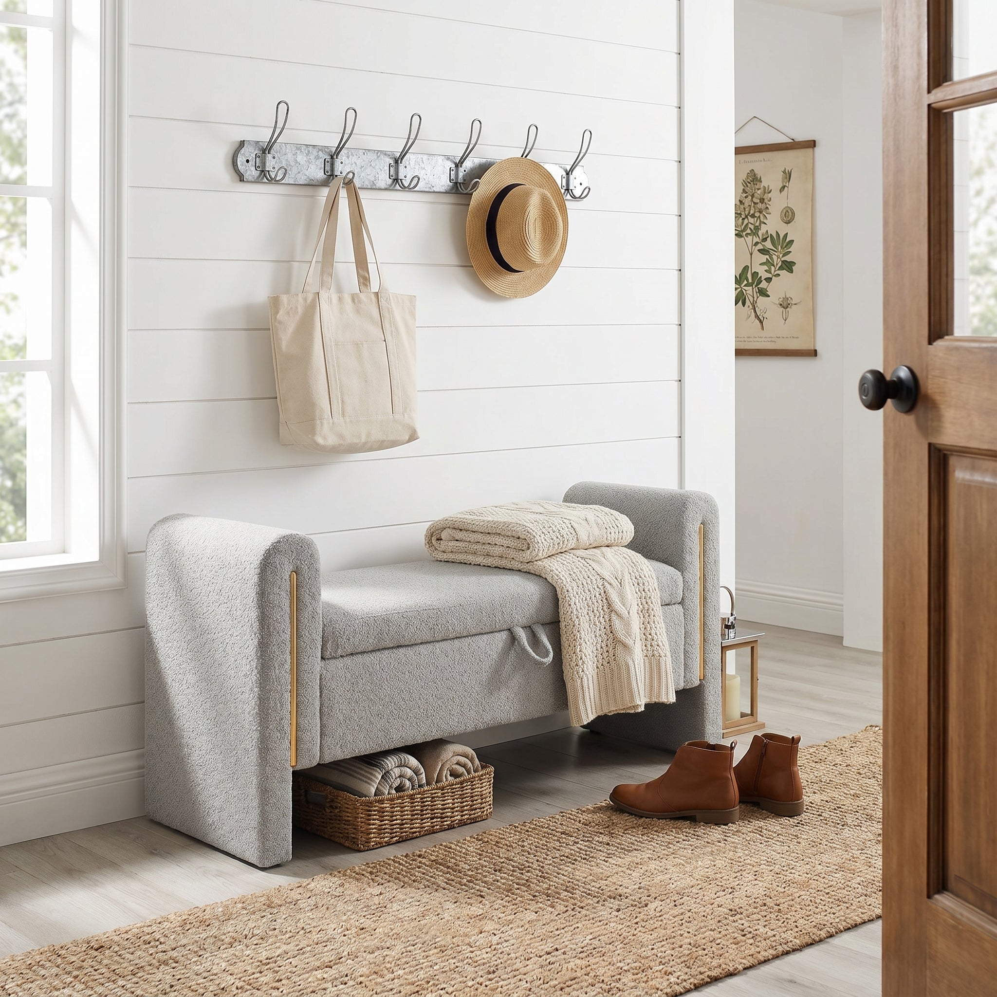 Solvik gray storage bench showing upholstered seating in a modern home entryway