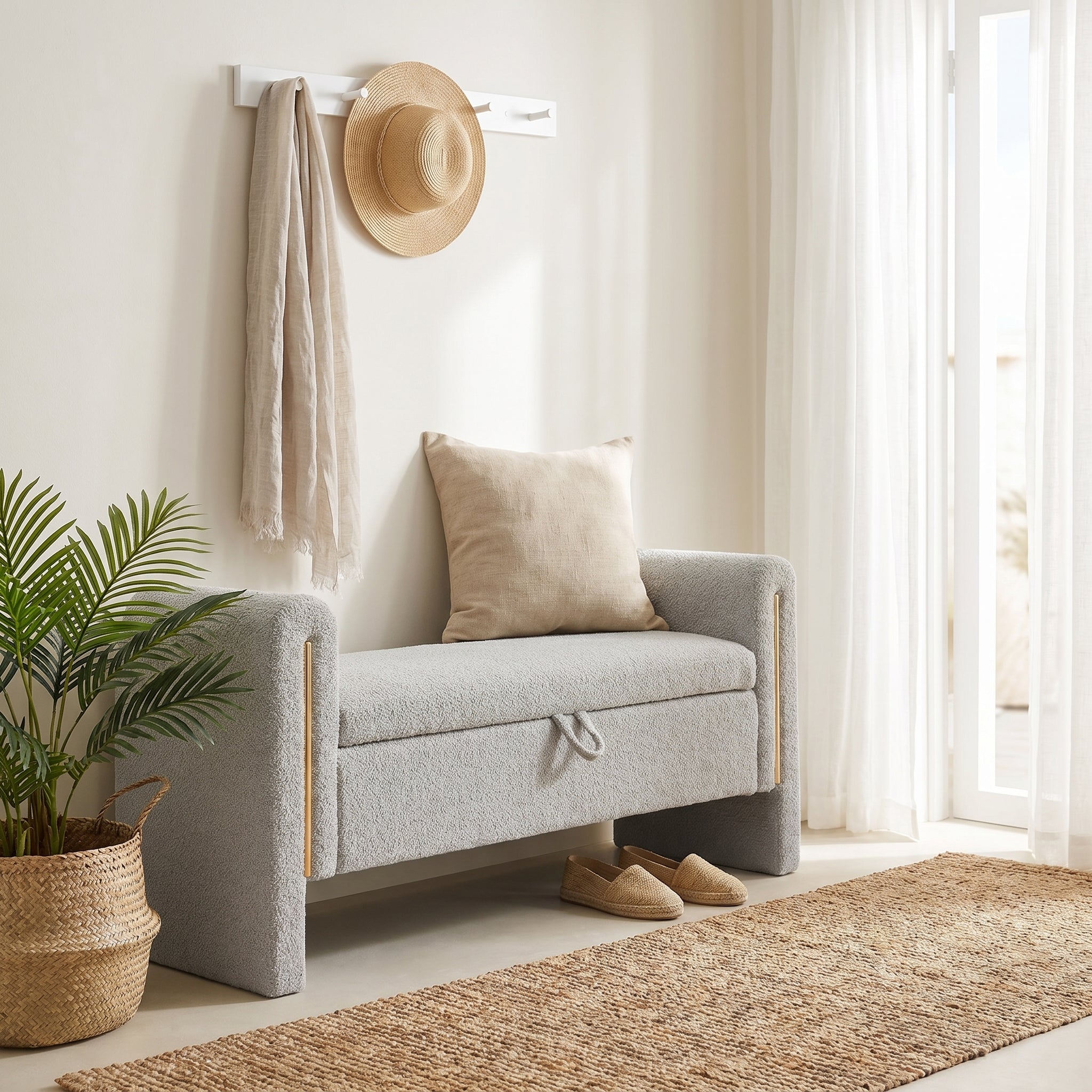 Solvik gray storage bench showing upholstered seating in a modern home entryway