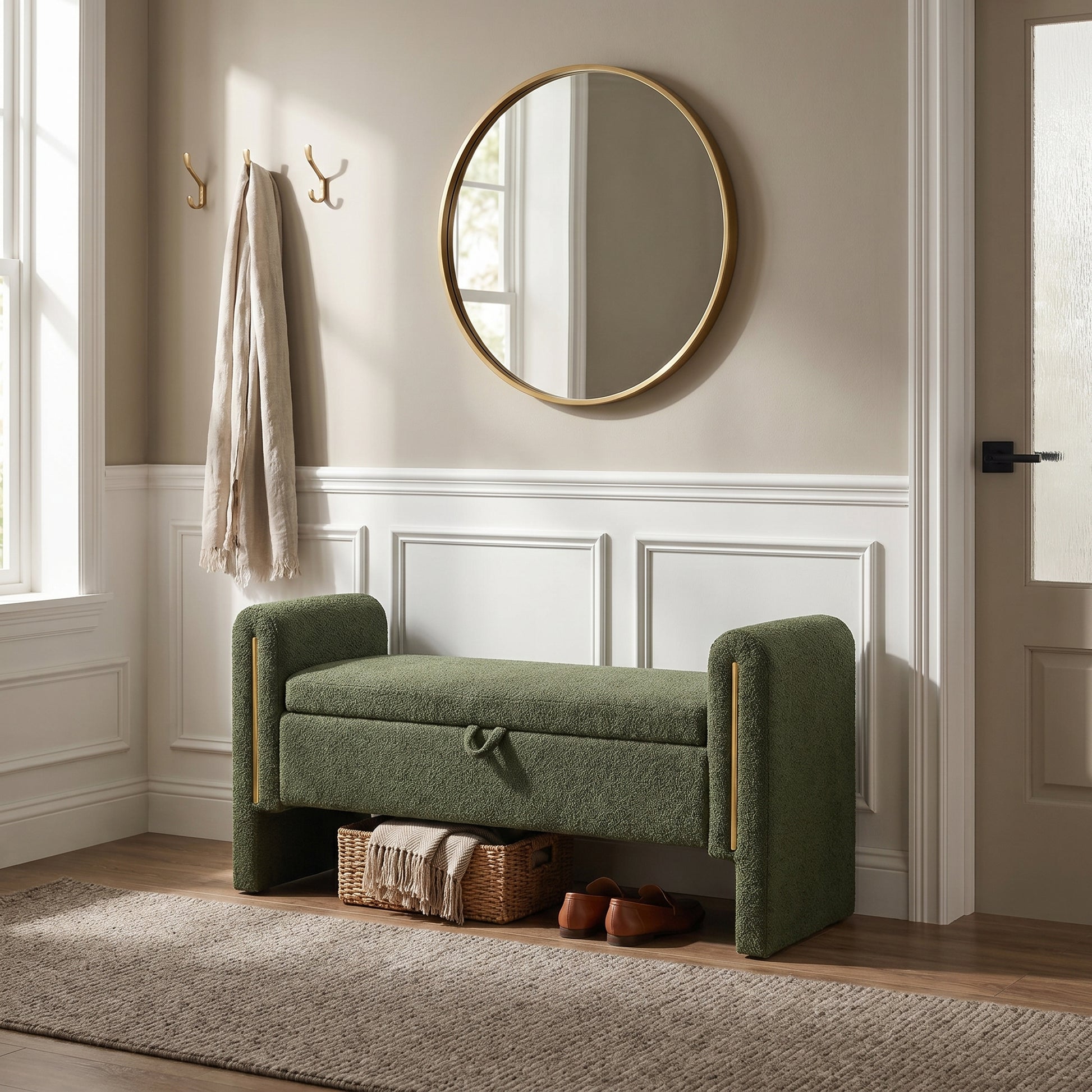 Solvik green storage bench showing upholstered seating in an elegant entryway