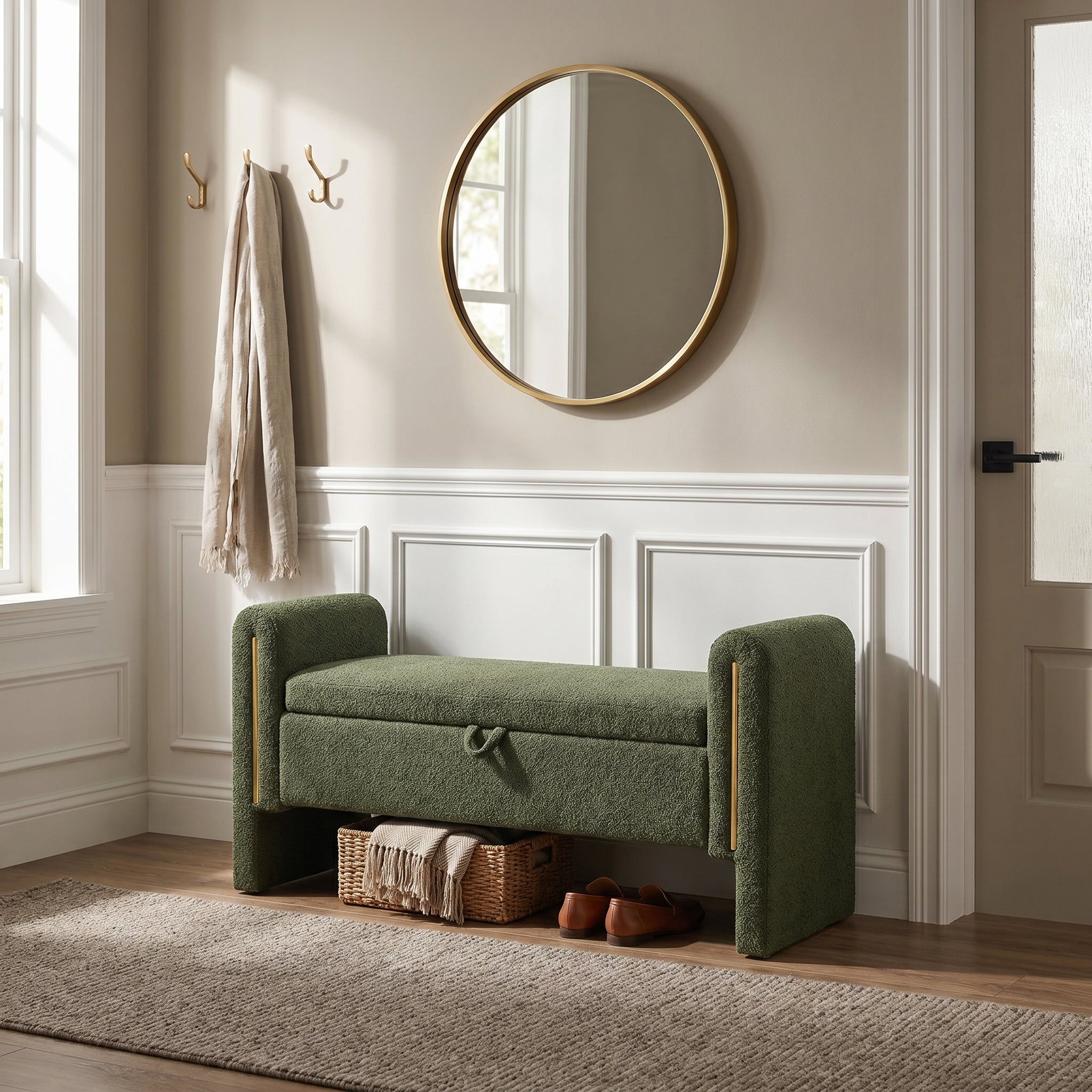 Solvik green storage bench showing upholstered seating in an elegant entryway
