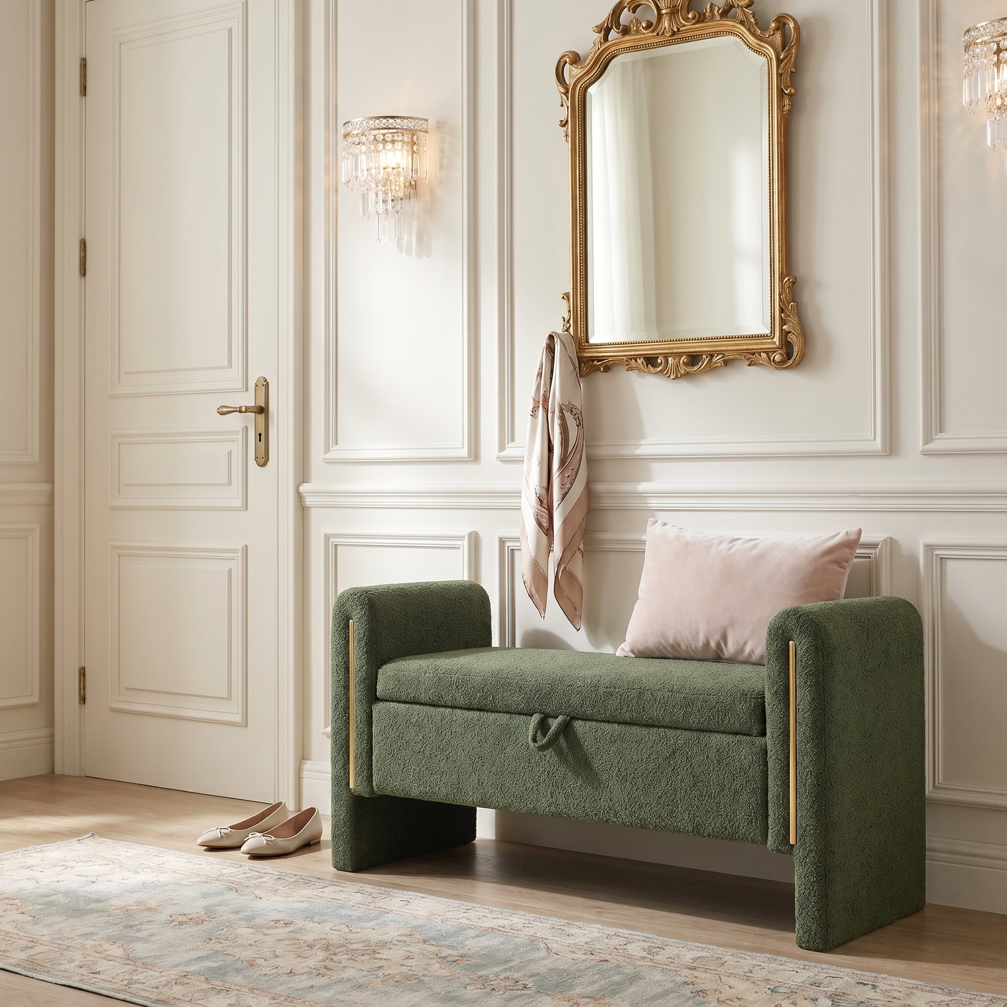 Solvik green storage bench showing a styled entryway scene with wall mirror