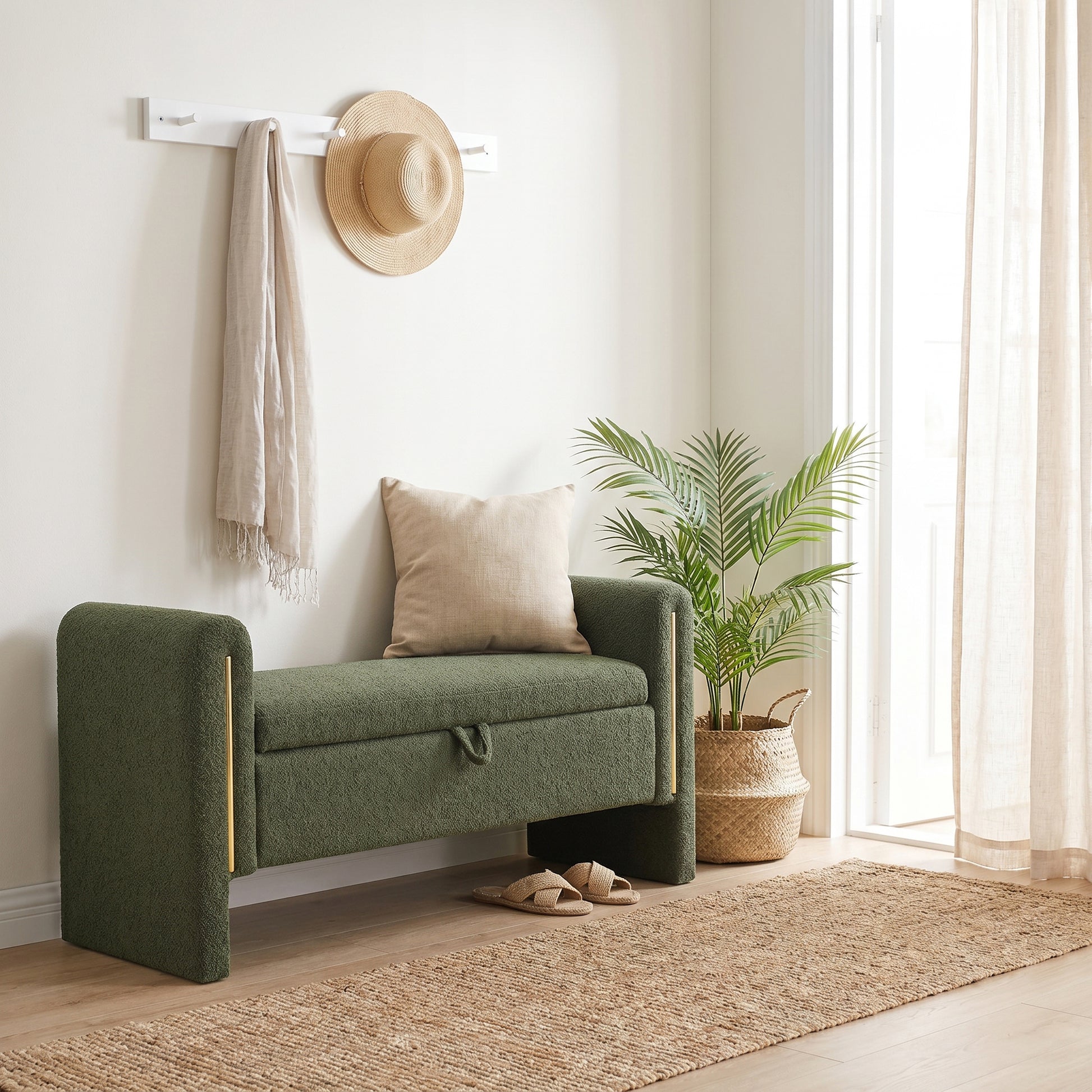 Solvik green storage bench showing upholstered seating in a bright home interior