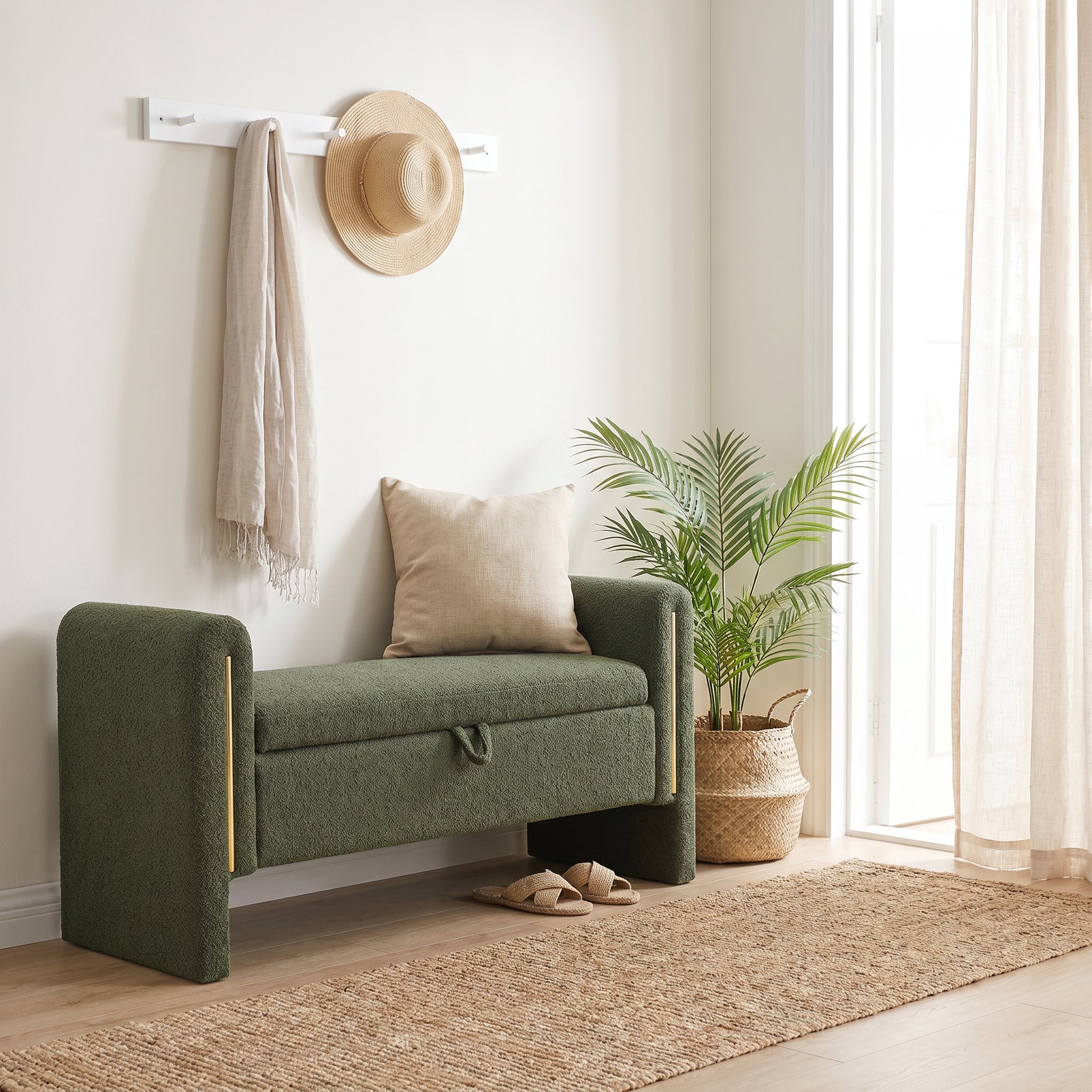 Solvik green storage bench showing upholstered seating in a bright home interior