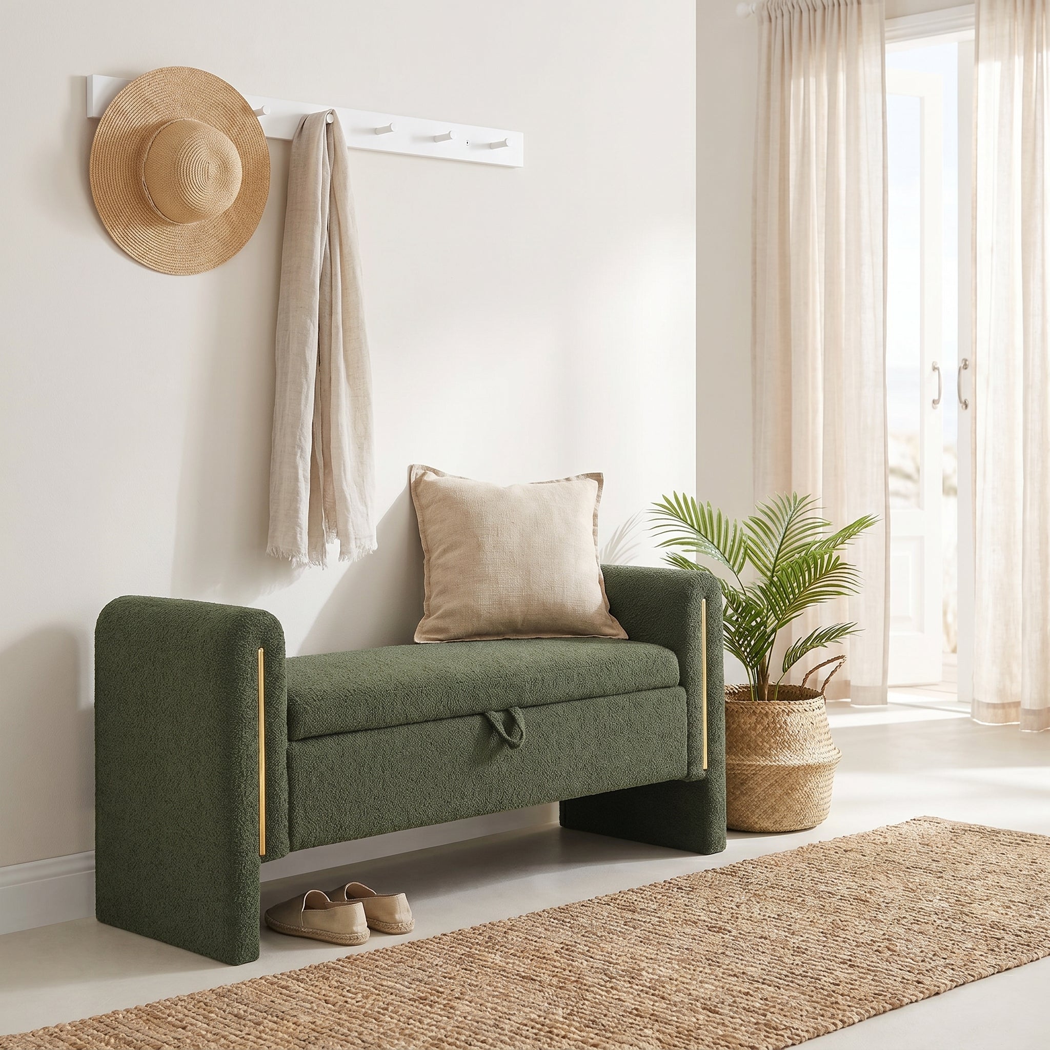 Solvik green storage bench showing a cozy entryway setting with plants