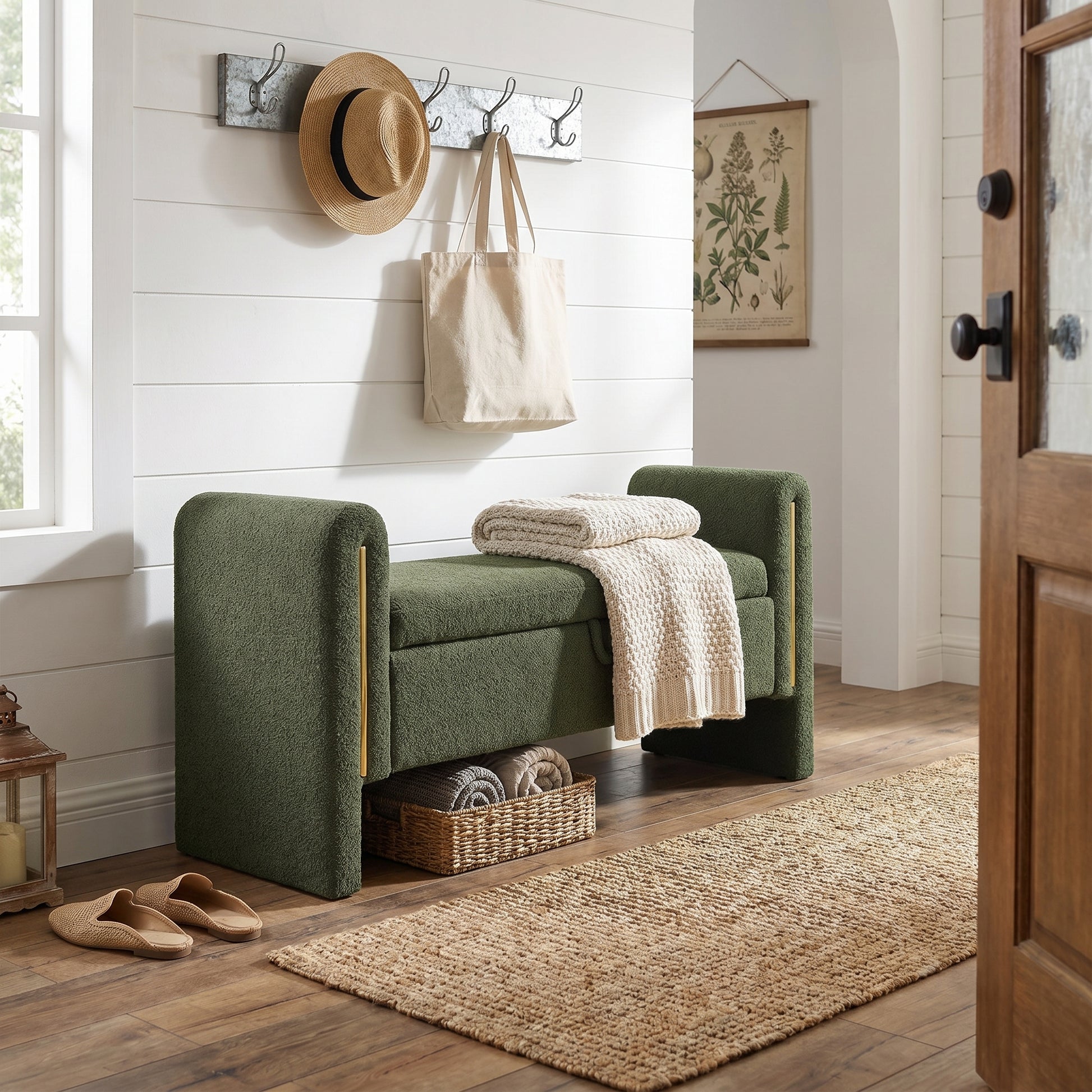 Solvik green storage bench showing upholstered seating in a bright home interior
