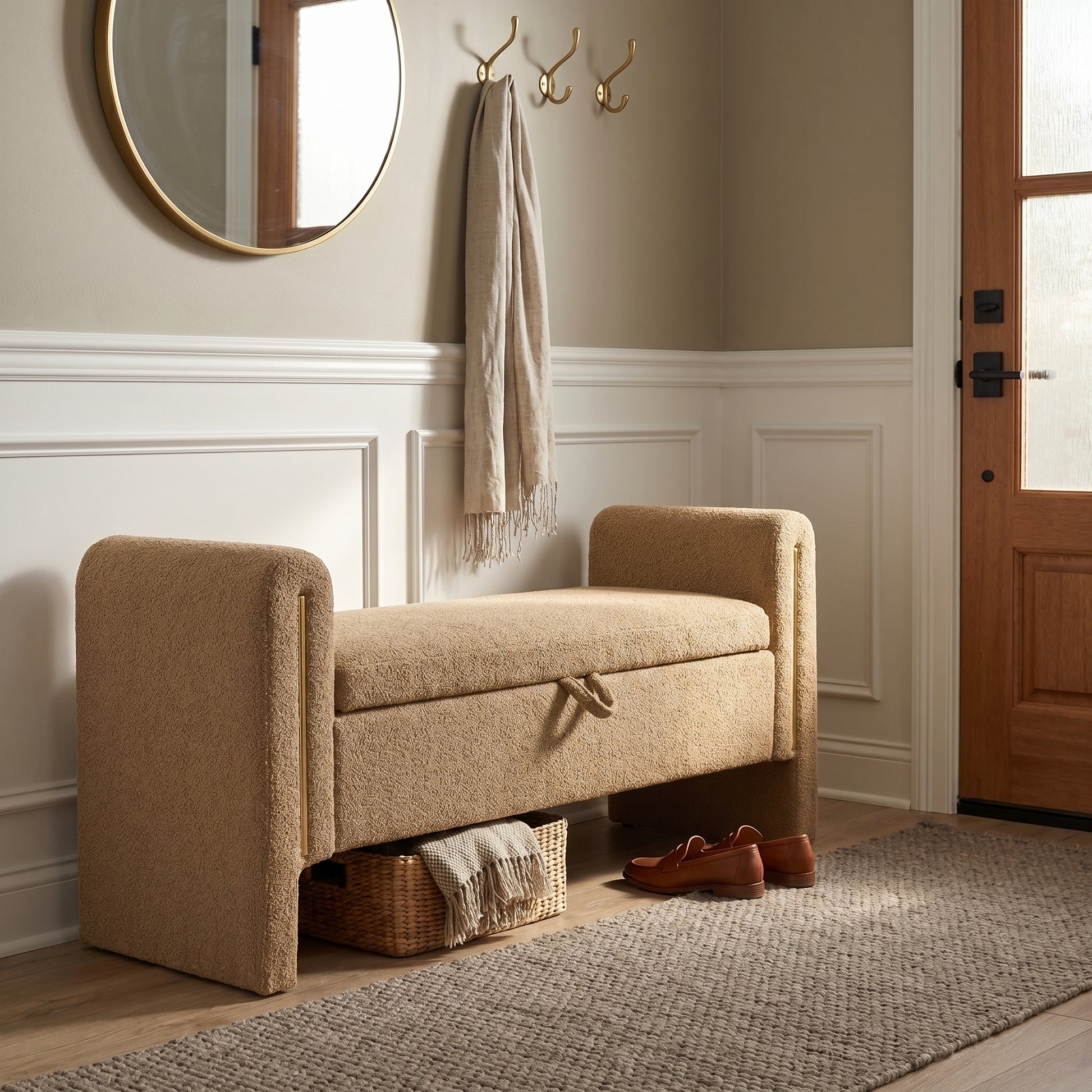 Solvik light camel storage bench showing upholstered seating in a warm entryway