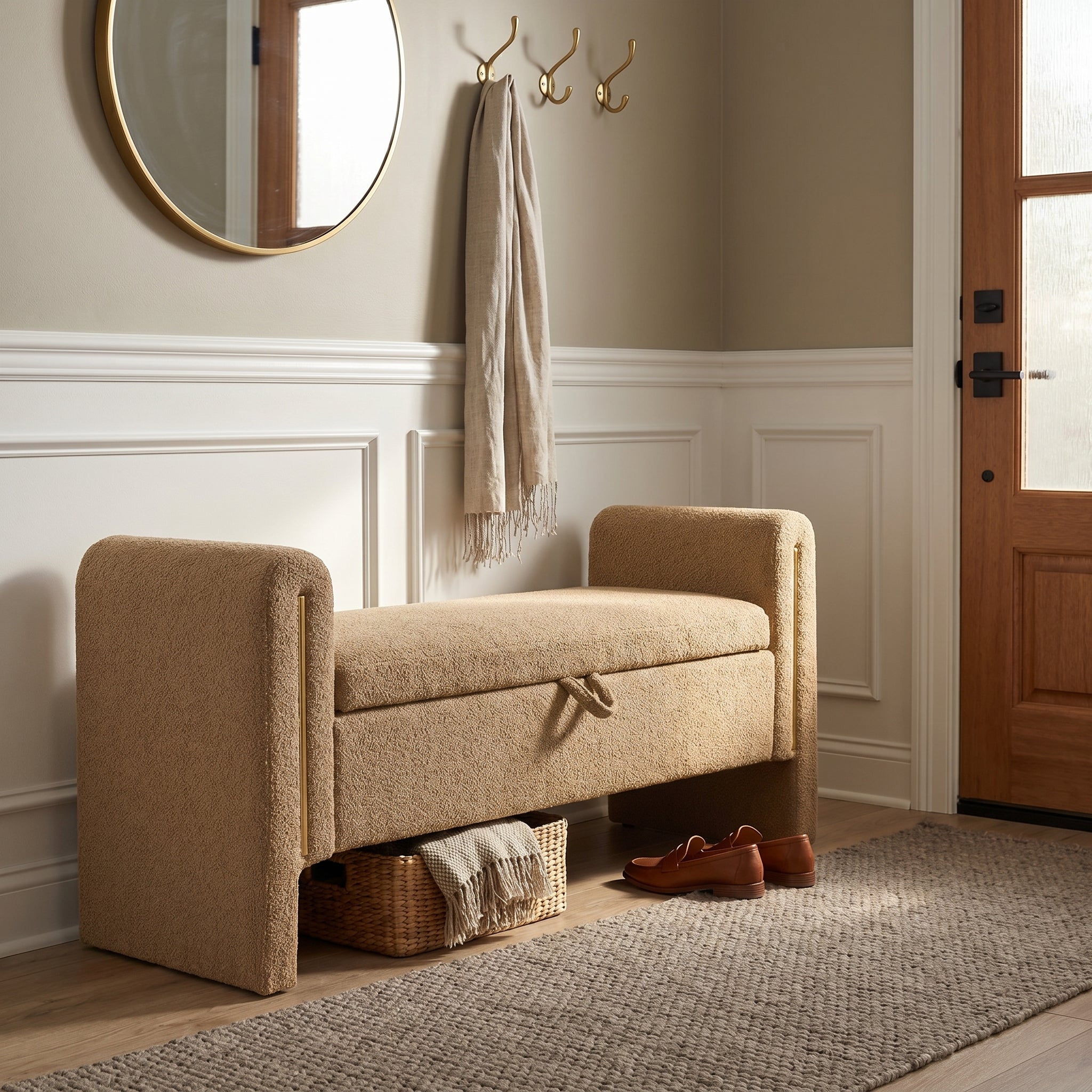 Solvik light camel storage bench showing upholstered seating in a warm entryway