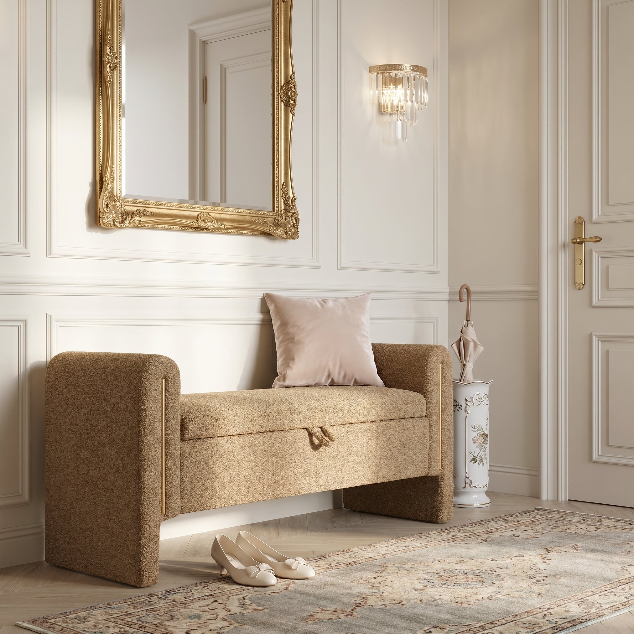 Solvik light camel storage bench showing a styled entryway with hidden storage
