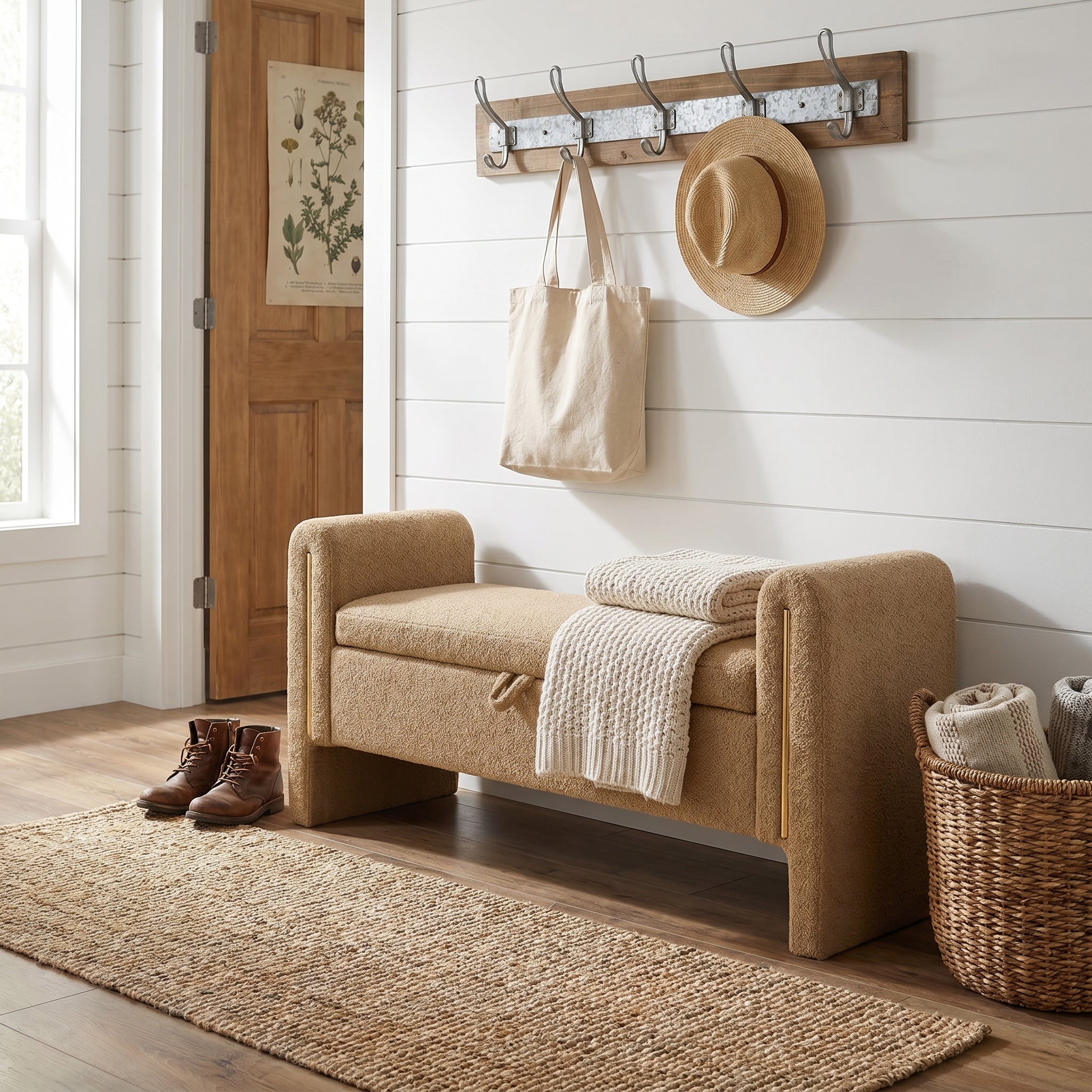 Solvik light camel storage bench showing a cozy home entryway scene