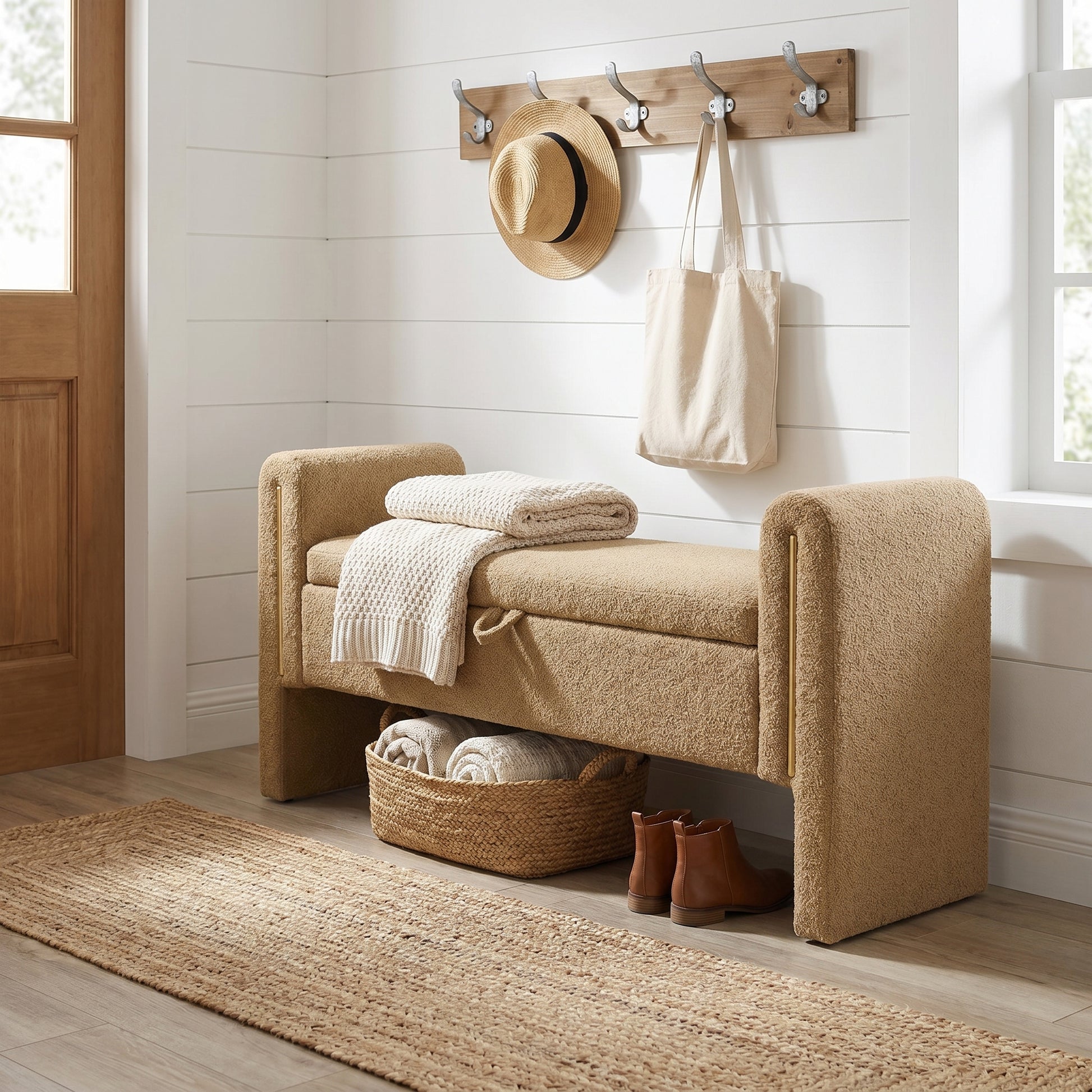 Solvik light camel storage bench showing upholstered seating with open lower space