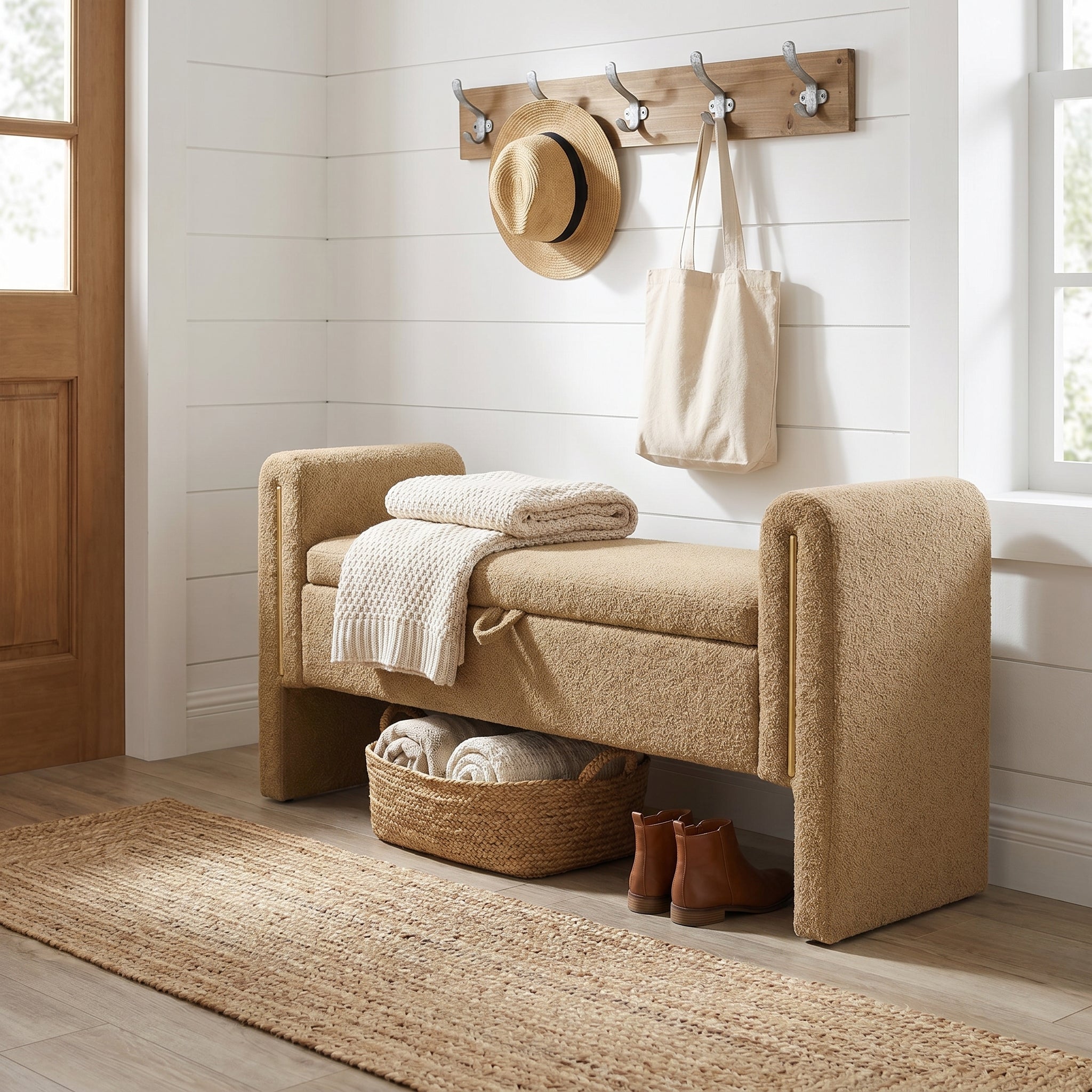 Solvik light camel storage bench showing upholstered seating with open lower space