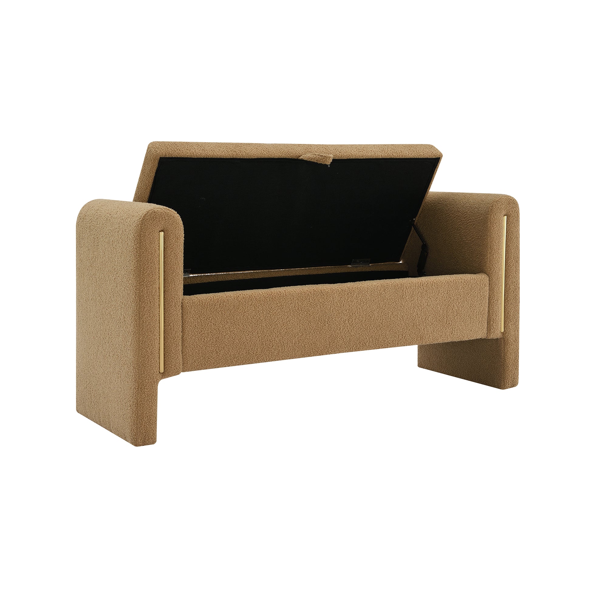 Solvik light camel storage bench showing open hidden storage on white background